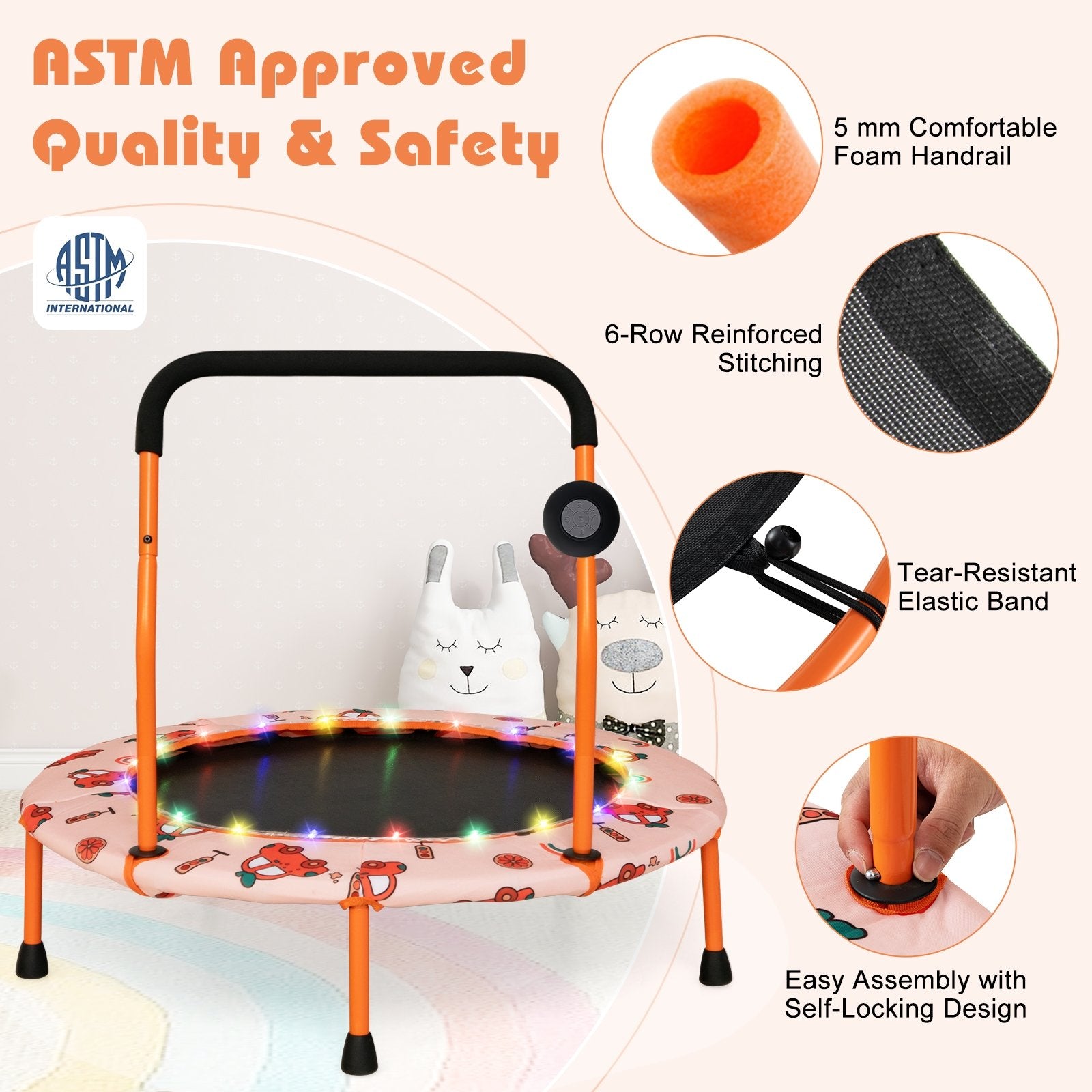 36 Inch Mini Trampoline with Colorful LED Lights and Bluetooth Speaker, Orange Trampolines   at Gallery Canada