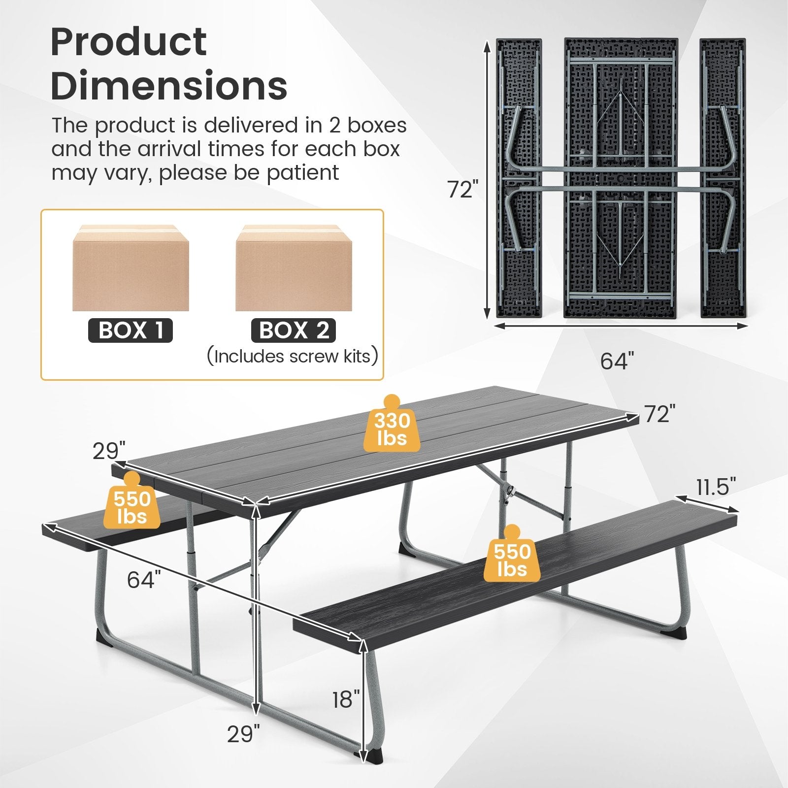 Folding Picnic Table Set with Metal Frame and All-Weather HDPE Tabletop  Umbrella Hole, Black Outdoor Seating & Patio Chairs   at Gallery Canada