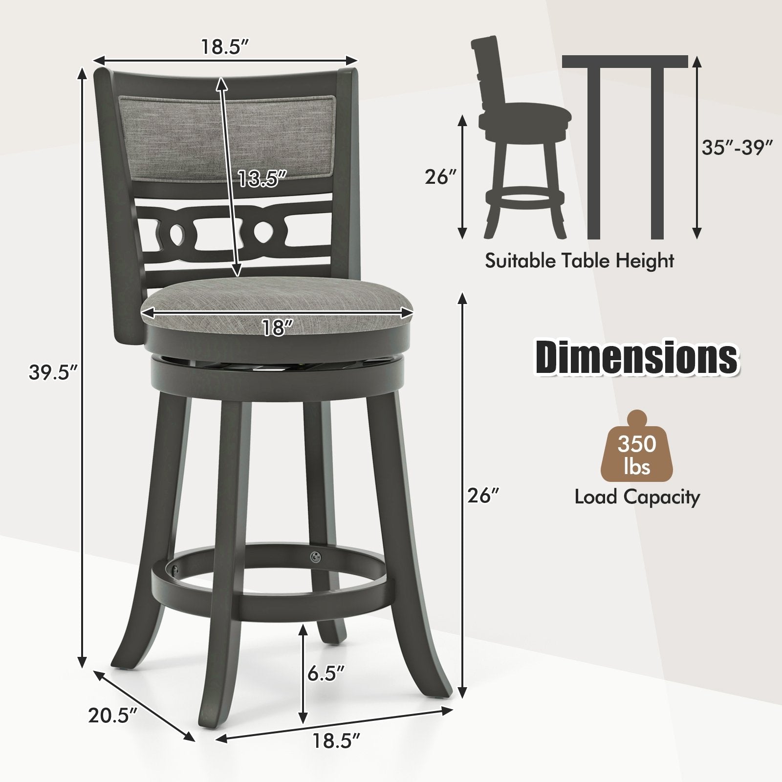 26" Counter Height Bar Chair with Wooden Frame Swivel Seat and Footrest for Pub Bar Restaurant-1 Pack, Gray Bar Stools   at Gallery Canada