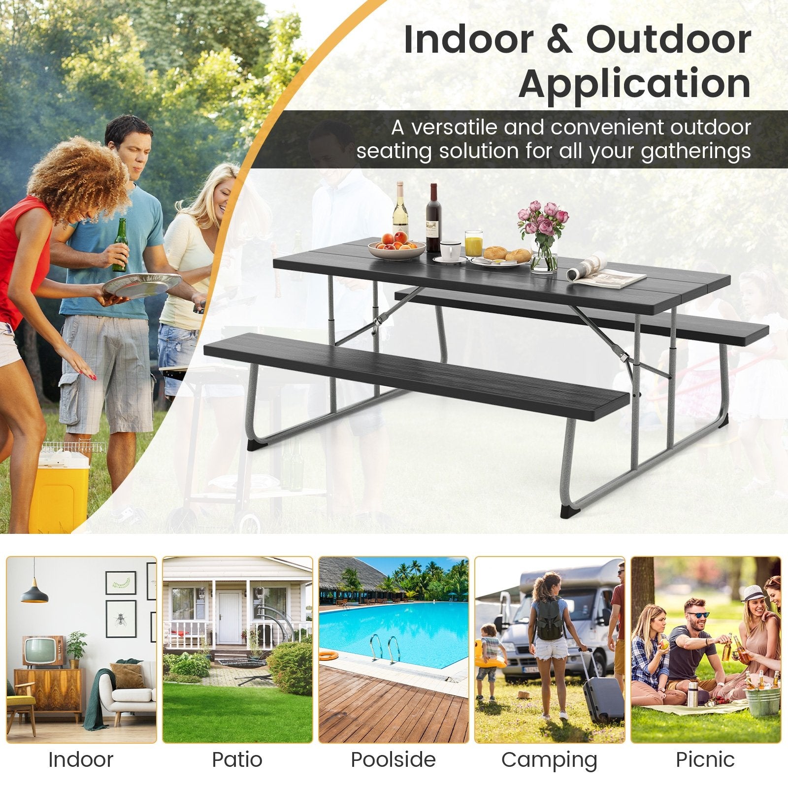 Folding Picnic Table Set with Metal Frame and All-Weather HDPE Tabletop  Umbrella Hole, Black Outdoor Seating & Patio Chairs   at Gallery Canada