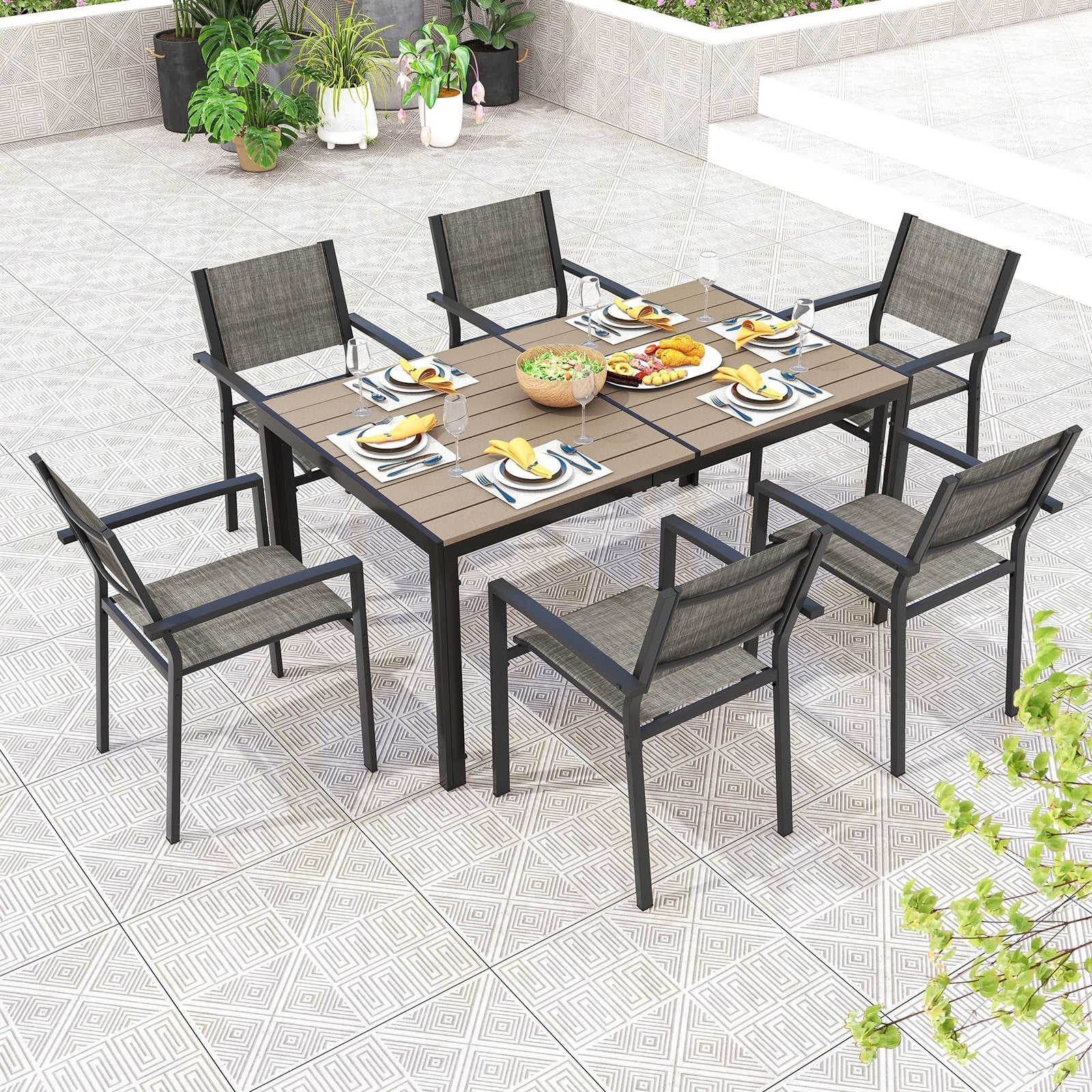 7 Piece Outdoor Dining Set with 6 Stackable Chairs and Large Rectangle Table, Gray Patio Dining Sets   at Gallery Canada