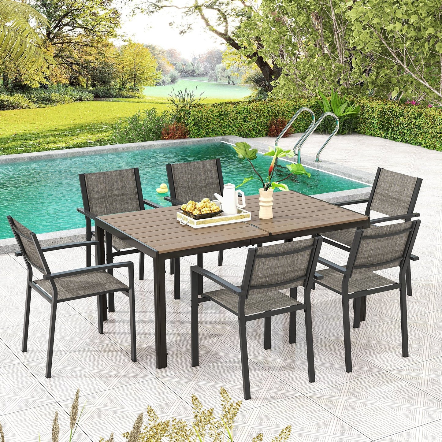 7 Piece Outdoor Dining Set with 6 Stackable Chairs and Large Rectangle Table, Gray Patio Dining Sets   at Gallery Canada