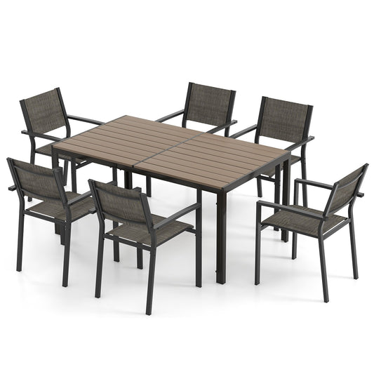 7 Piece Outdoor Dining Set with 6 Stackable Chairs and Large Rectangle Table, Gray Patio Dining Sets Gray  at Gallery Canada