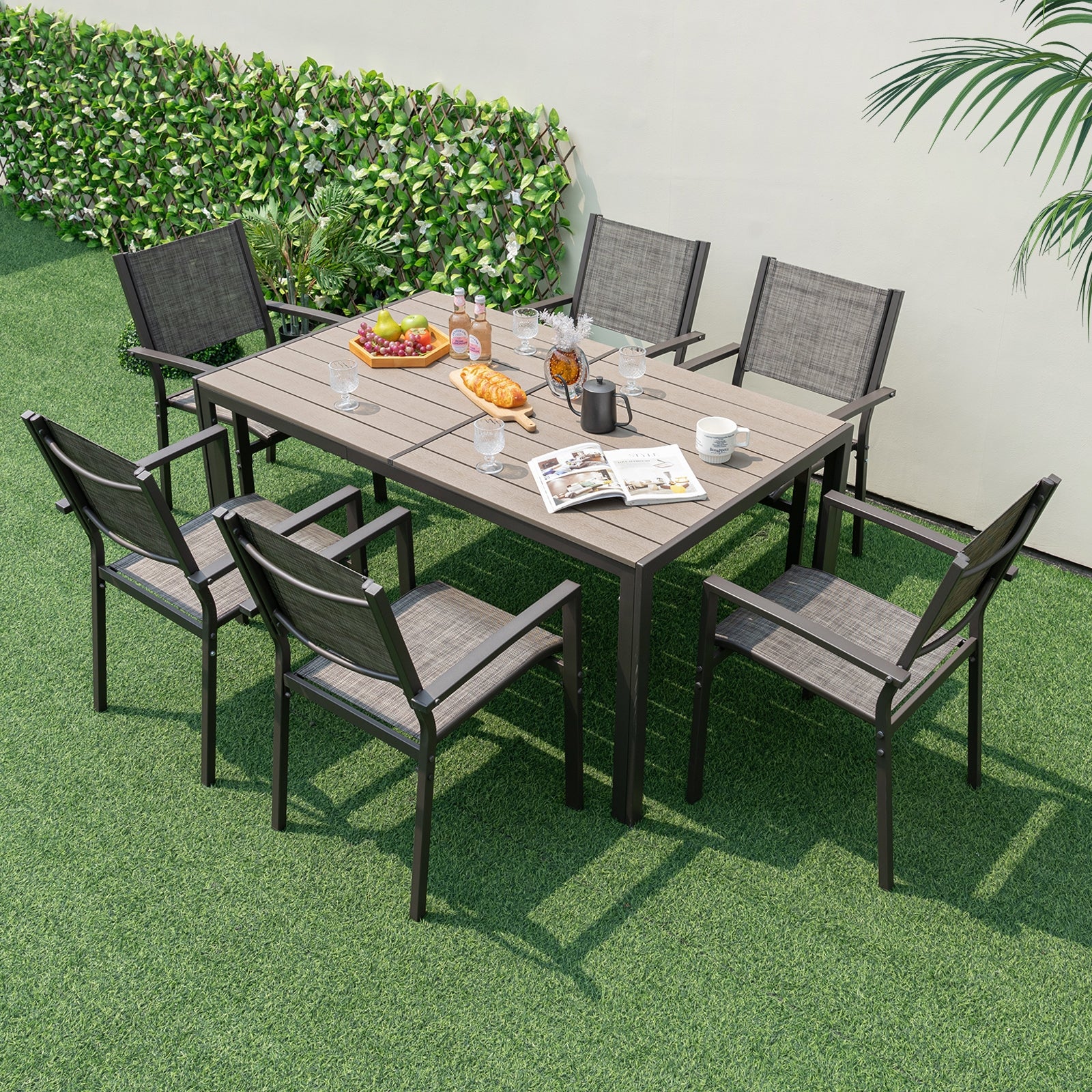 7 Piece Outdoor Dining Set with 6 Stackable Chairs and Large Rectangle Table, Gray Patio Dining Sets   at Gallery Canada