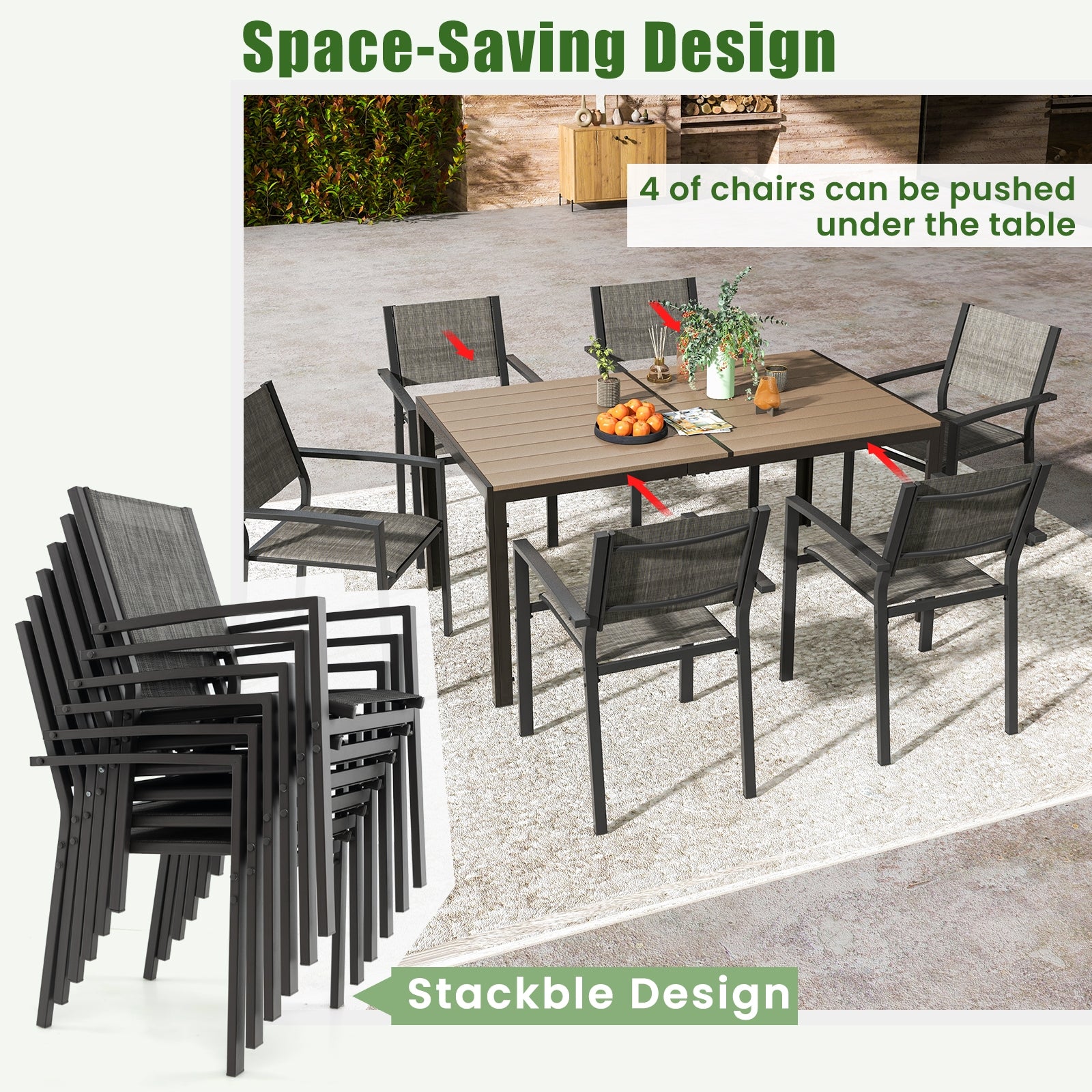 7 Piece Outdoor Dining Set with 6 Stackable Chairs and Large Rectangle Table, Gray Patio Dining Sets   at Gallery Canada