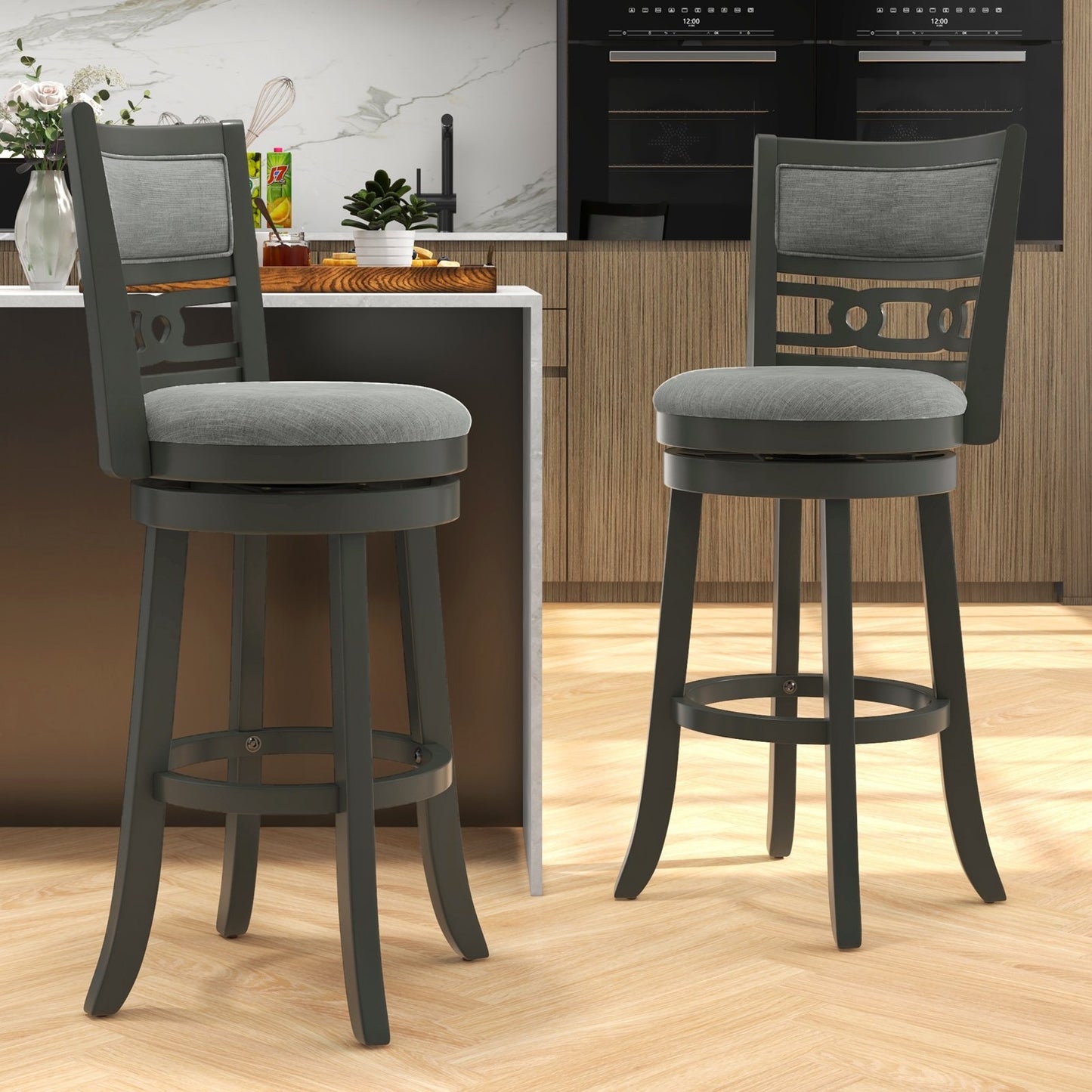 30.5" Bar Height Bar Chair with Wooden Frame Swivel Seat and Footrest for Pub Bar Restaurant-1 Pack, Gray Bar Stools   at Gallery Canada