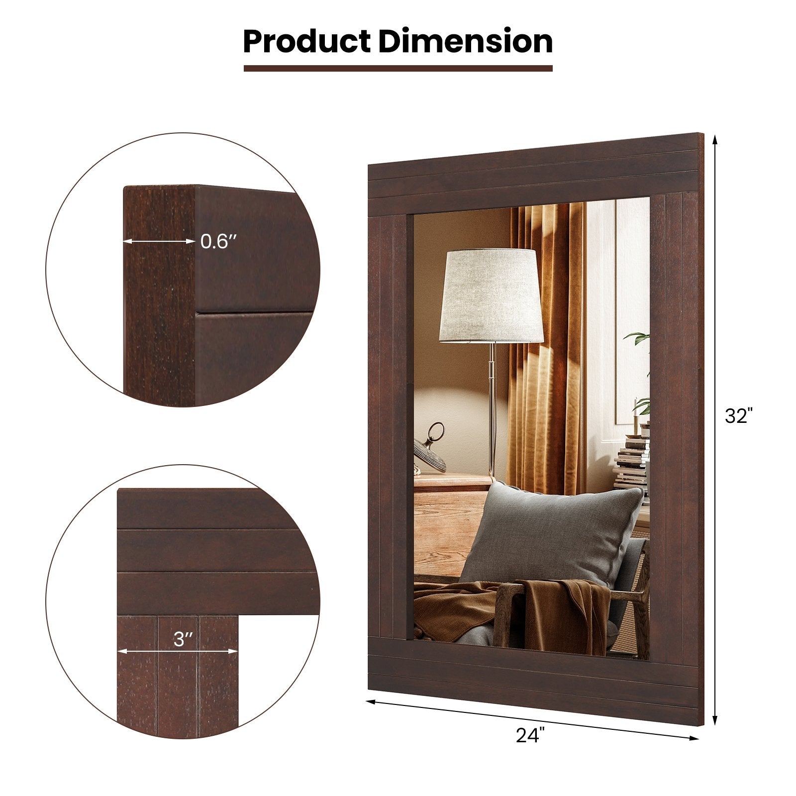 Wood Framed Wall Mirror for Bedroom Living Room Vanity Entryway, Brown Wall Mirrors   at Gallery Canada