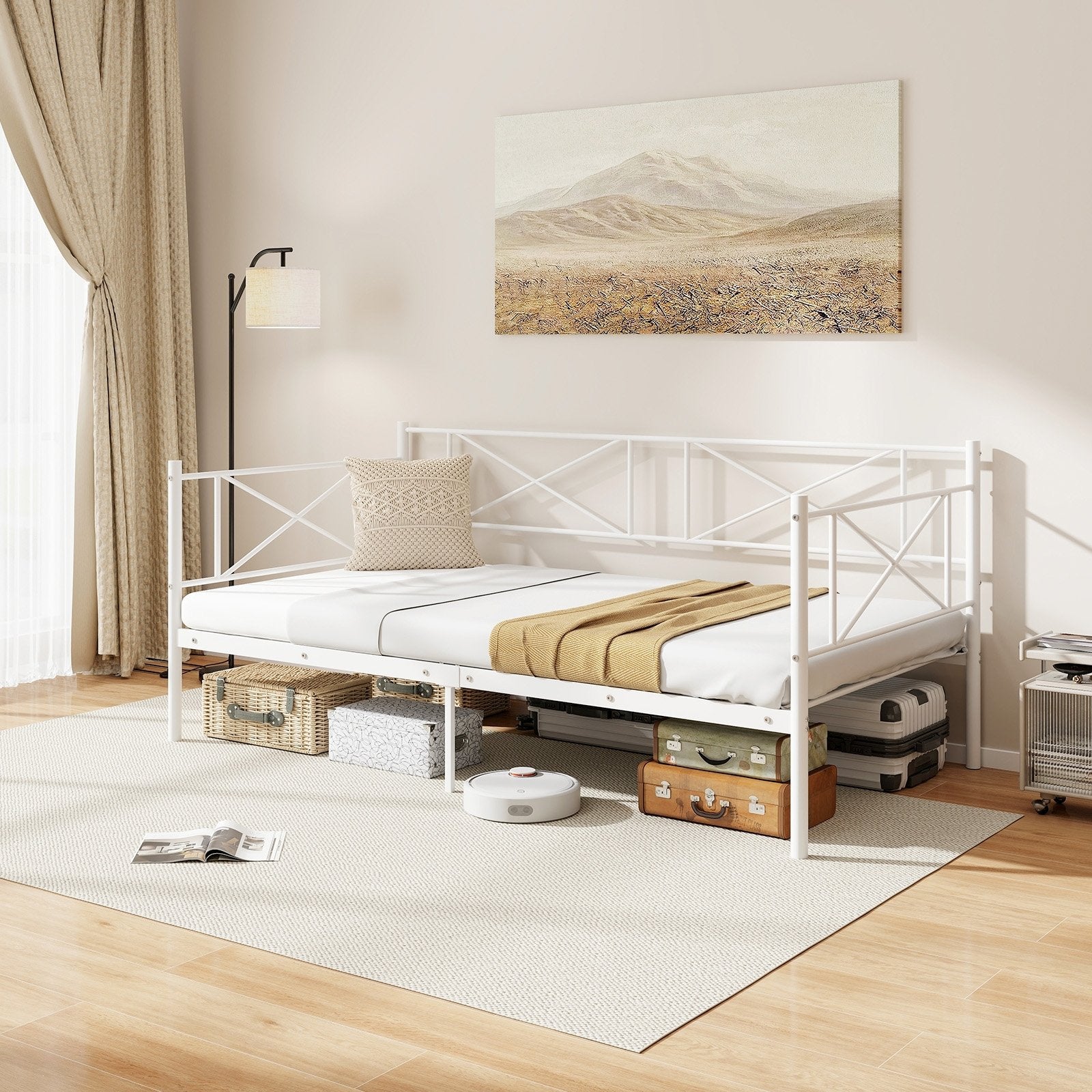 Twin Size Platform Bed with Heavy-duty Metal Slat Support, White Simple Bed Frame   at Gallery Canada