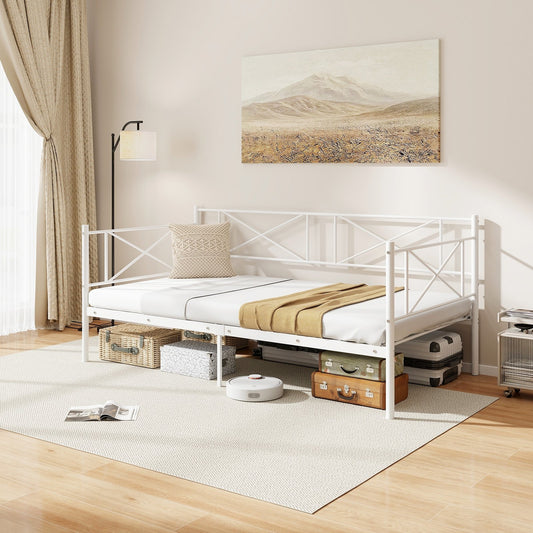 Twin Size Platform Bed with Heavy-duty Metal Slat Support, White Simple Bed Frame White  at Gallery Canada