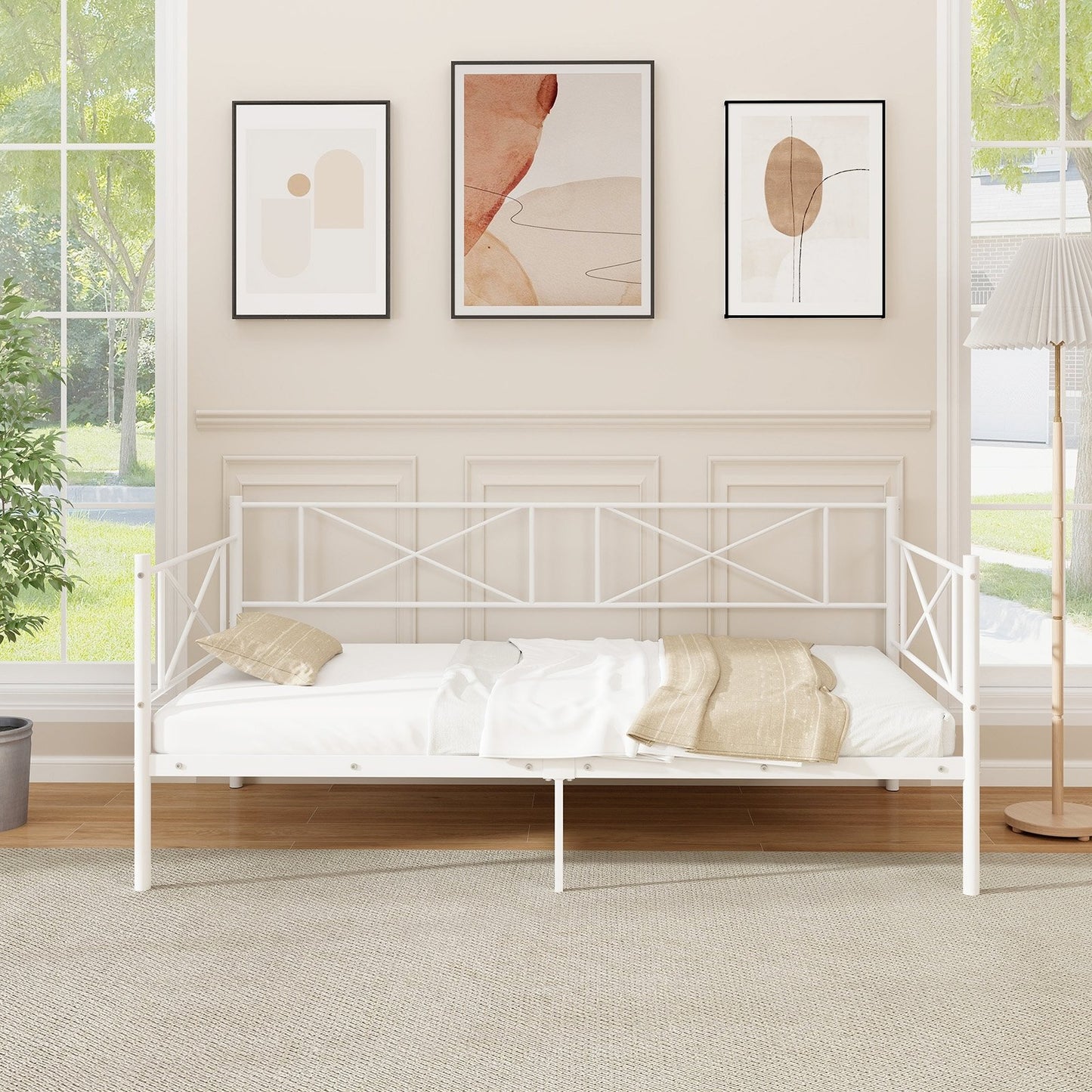 Twin Size Platform Bed with Heavy-duty Metal Slat Support, White Simple Bed Frame   at Gallery Canada