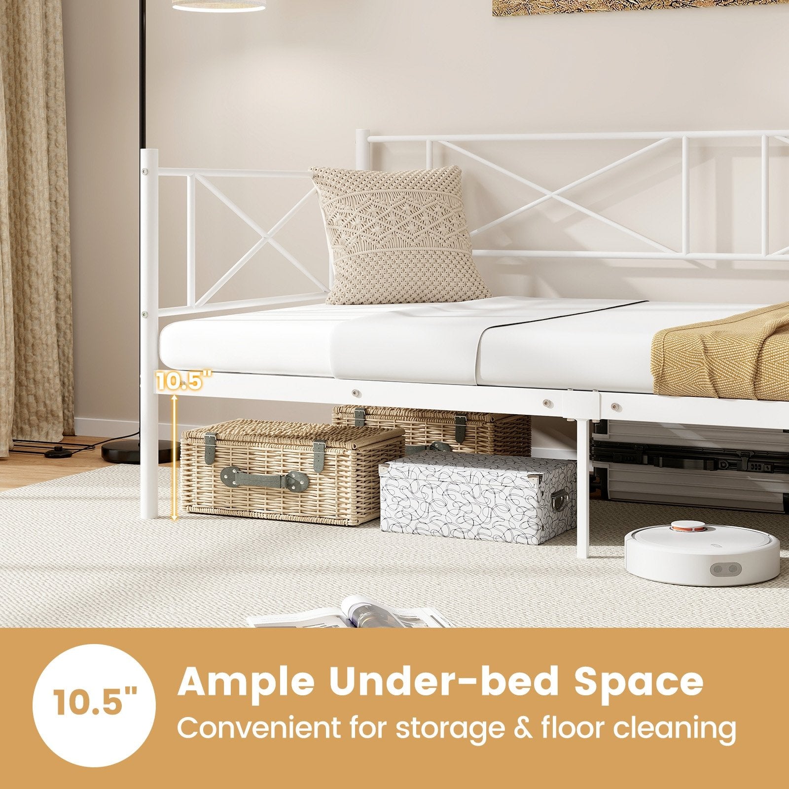 Twin Size Platform Bed with Heavy-duty Metal Slat Support, White Simple Bed Frame   at Gallery Canada