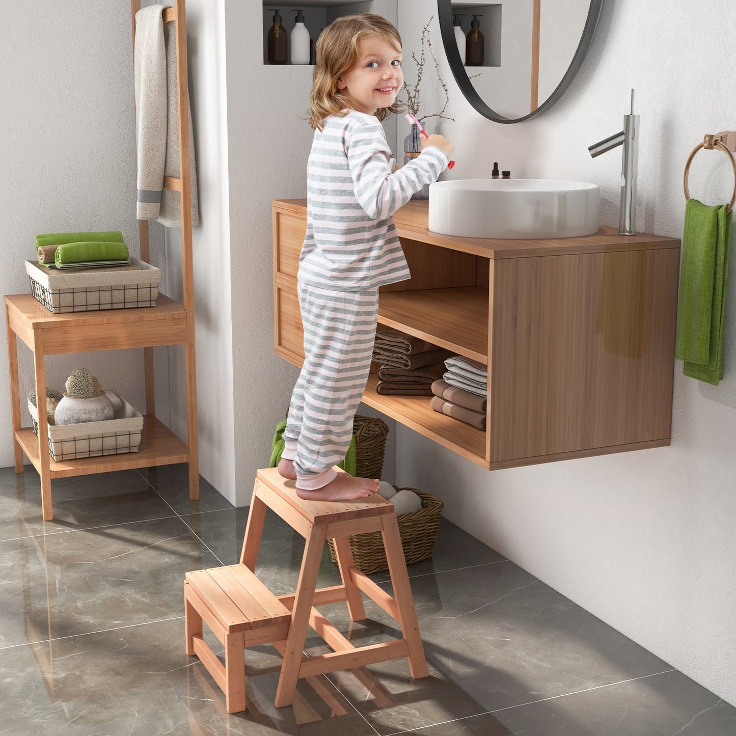 Multipurpose Wood Folding 2-Step Stool for Indoor Outdoor Plant Stand, Natural Kitchen Utensils   at Gallery Canada