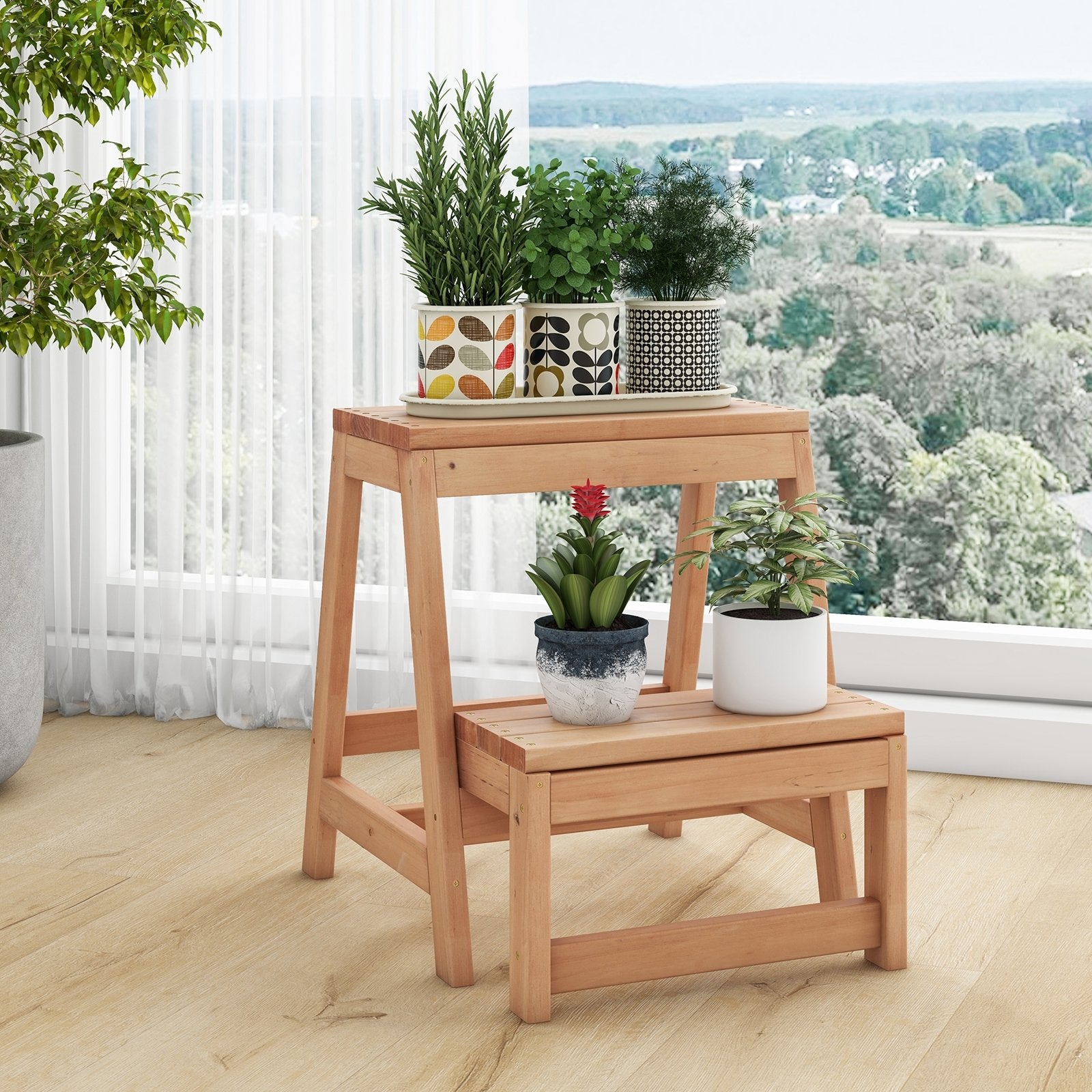 Multipurpose Wood Folding 2-Step Stool for Indoor Outdoor Plant Stand, Natural Kitchen Utensils   at Gallery Canada