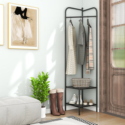 Corner Coat Rack with Top Hanger and 2 Mesh Shelves for Entryway Hallway Living Room Bedroom, Black Coat Racks & Hall Trees   at Gallery Canada