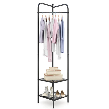 Corner Coat Rack with Top Hanger and 2 Mesh Shelves for Entryway Hallway Living Room Bedroom, Black Coat Racks & Hall Trees   at Gallery Canada