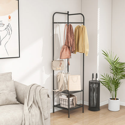 Corner Coat Rack with Top Hanger and 2 Mesh Shelves for Entryway Hallway Living Room Bedroom, Black Coat Racks & Hall Trees   at Gallery Canada