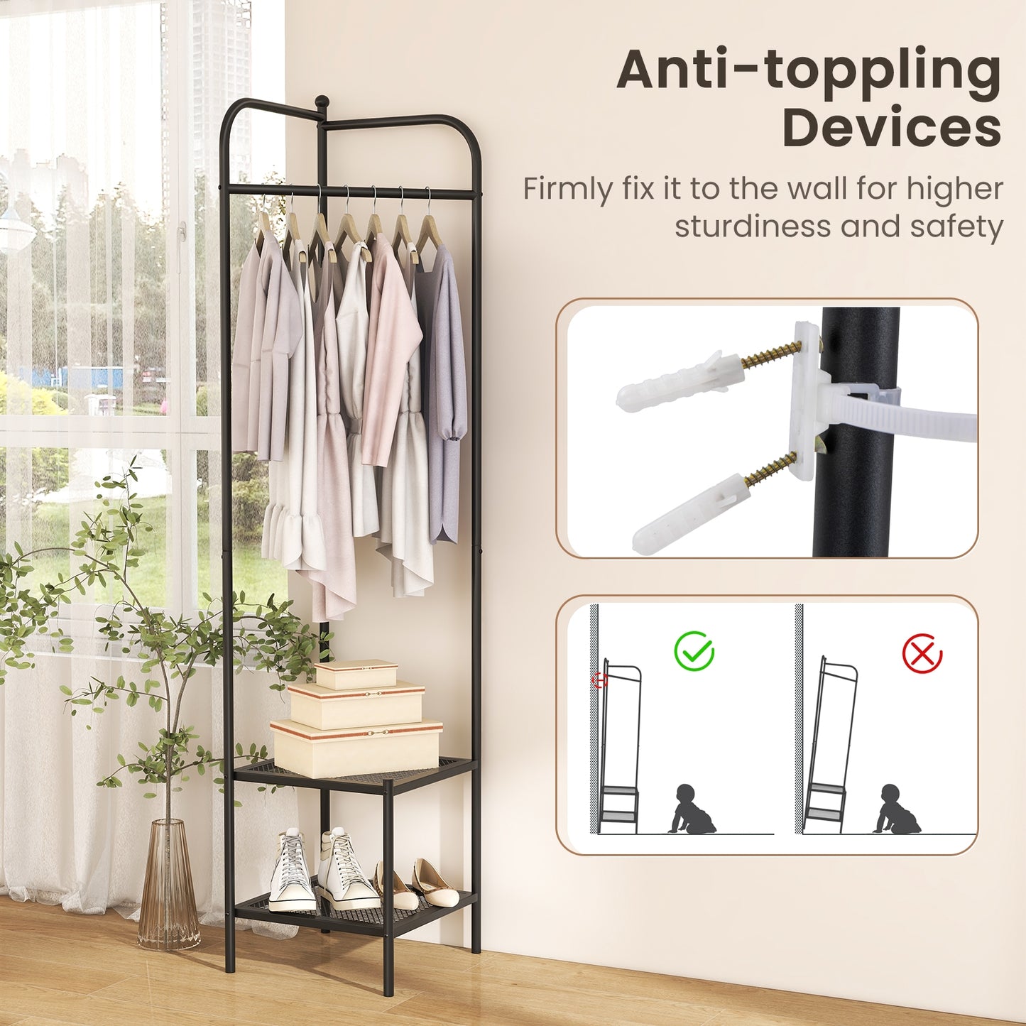 Corner Coat Rack with Top Hanger and 2 Mesh Shelves for Entryway Hallway Living Room Bedroom, Black Coat Racks & Hall Trees   at Gallery Canada