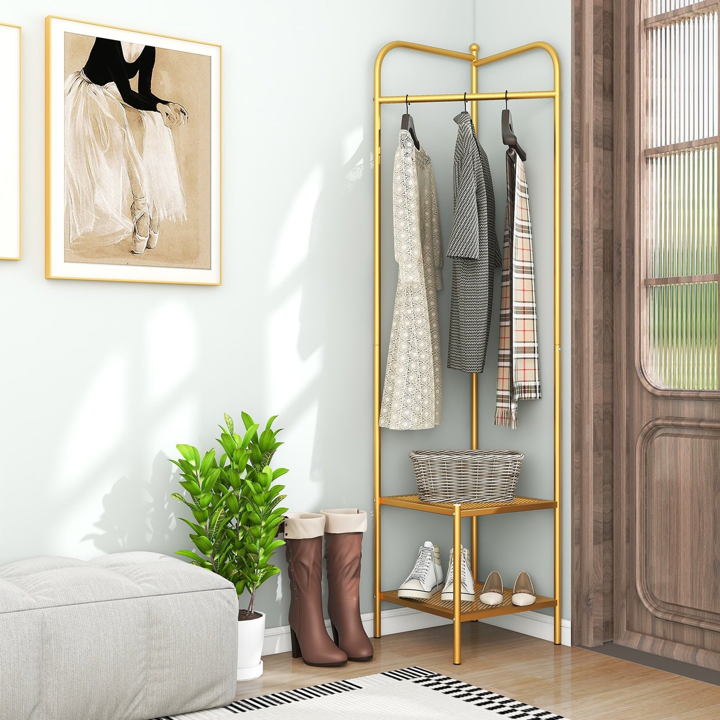 Corner Coat Rack with Top Hanger and 2 Mesh Shelves for Entryway Hallway Living Room Bedroom, Golden Coat Racks & Hall Trees   at Gallery Canada