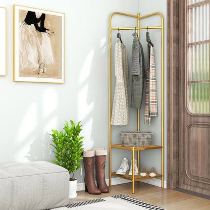 Corner Coat Rack with Top Hanger and 2 Mesh Shelves for Entryway Hallway Living Room Bedroom, Golden Coat Racks & Hall Trees   at Gallery Canada