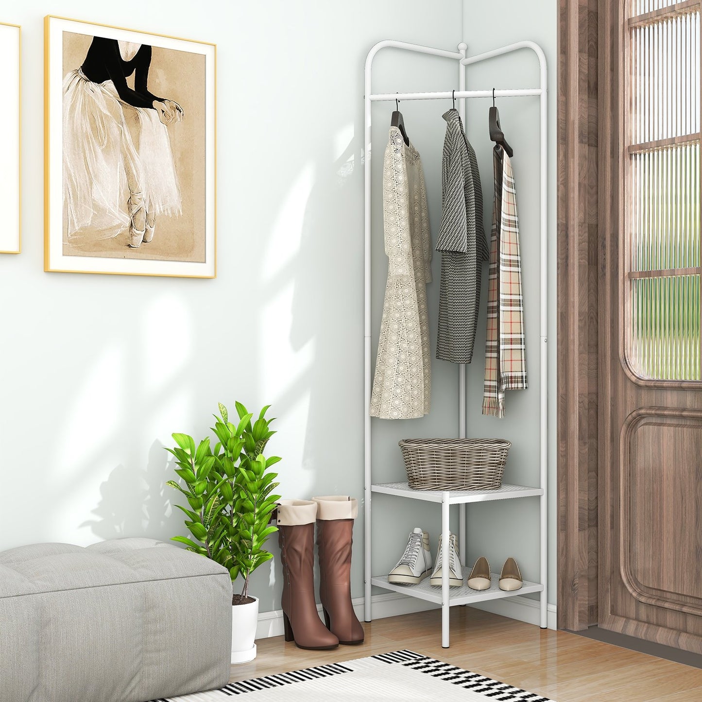 Corner Coat Rack with Top Hanger and 2 Mesh Shelves for Entryway Hallway Living Room Bedroom, White Coat Racks & Hall Trees   at Gallery Canada