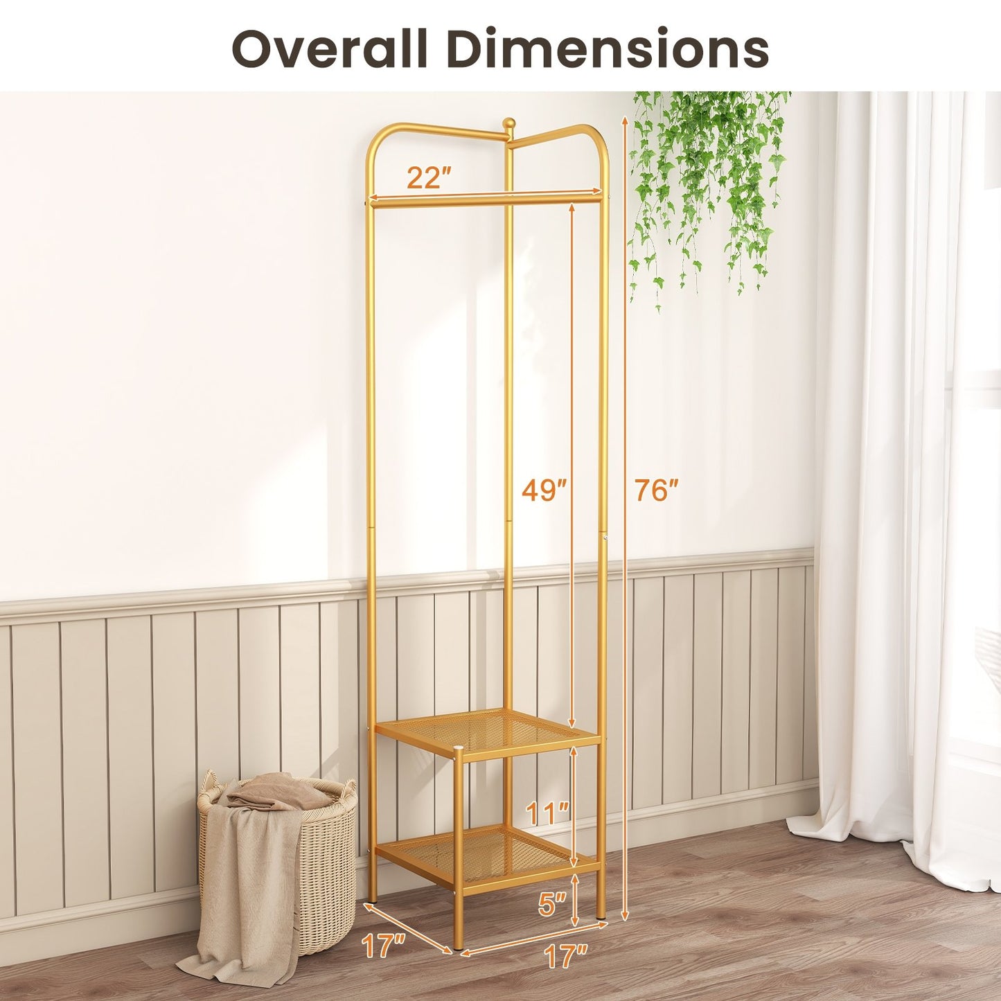 Corner Coat Rack with Top Hanger and 2 Mesh Shelves for Entryway Hallway Living Room Bedroom, Golden Coat Racks & Hall Trees   at Gallery Canada