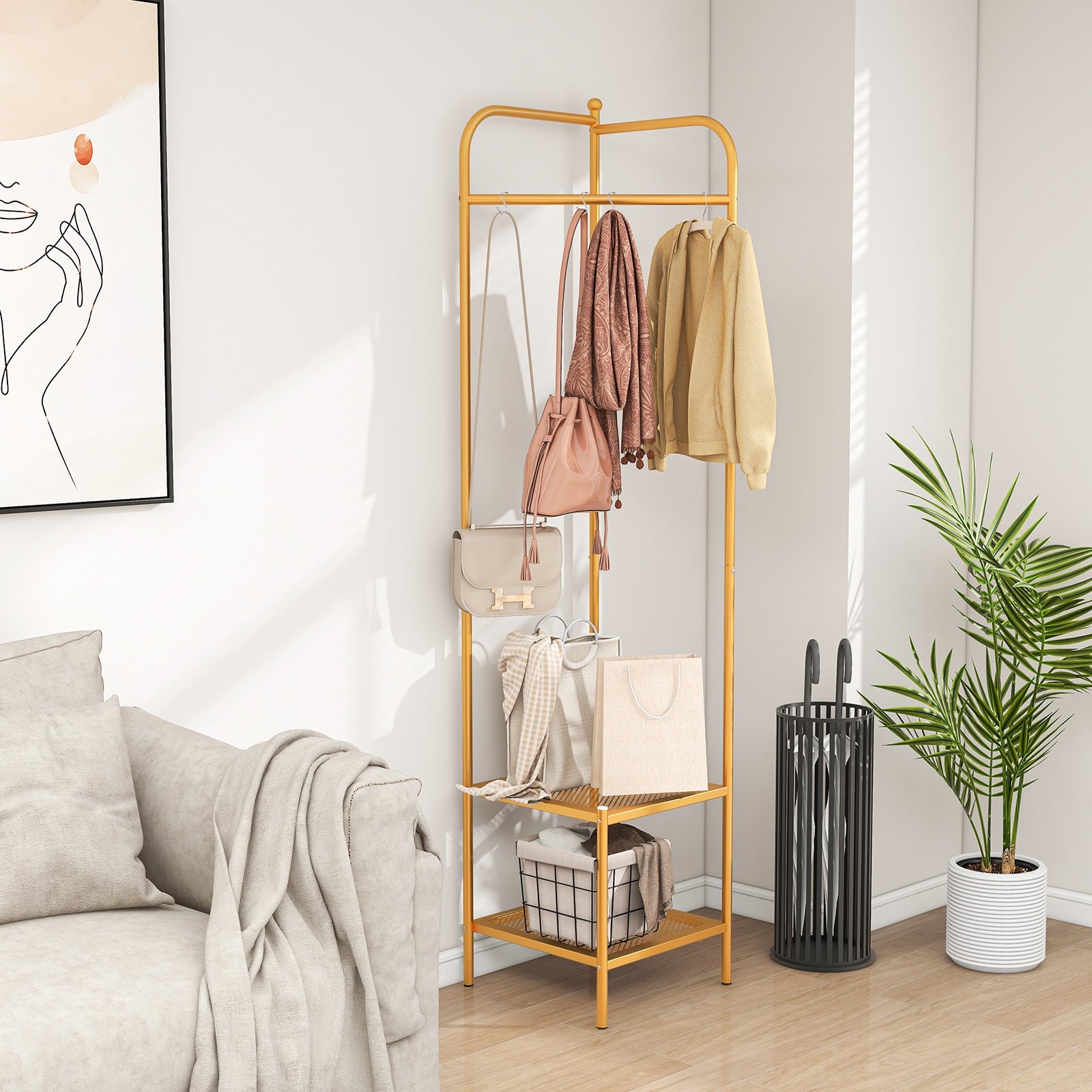 Corner Coat Rack with Top Hanger and 2 Mesh Shelves for Entryway Hallway Living Room Bedroom, Golden Coat Racks & Hall Trees   at Gallery Canada