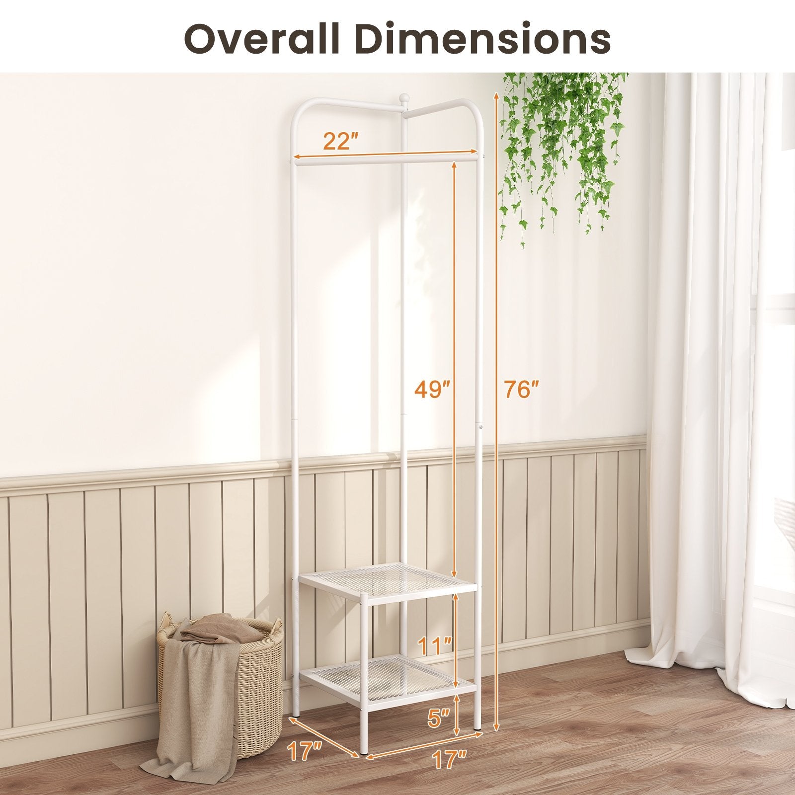 Corner Coat Rack with Top Hanger and 2 Mesh Shelves for Entryway Hallway Living Room Bedroom, White Coat Racks & Hall Trees   at Gallery Canada