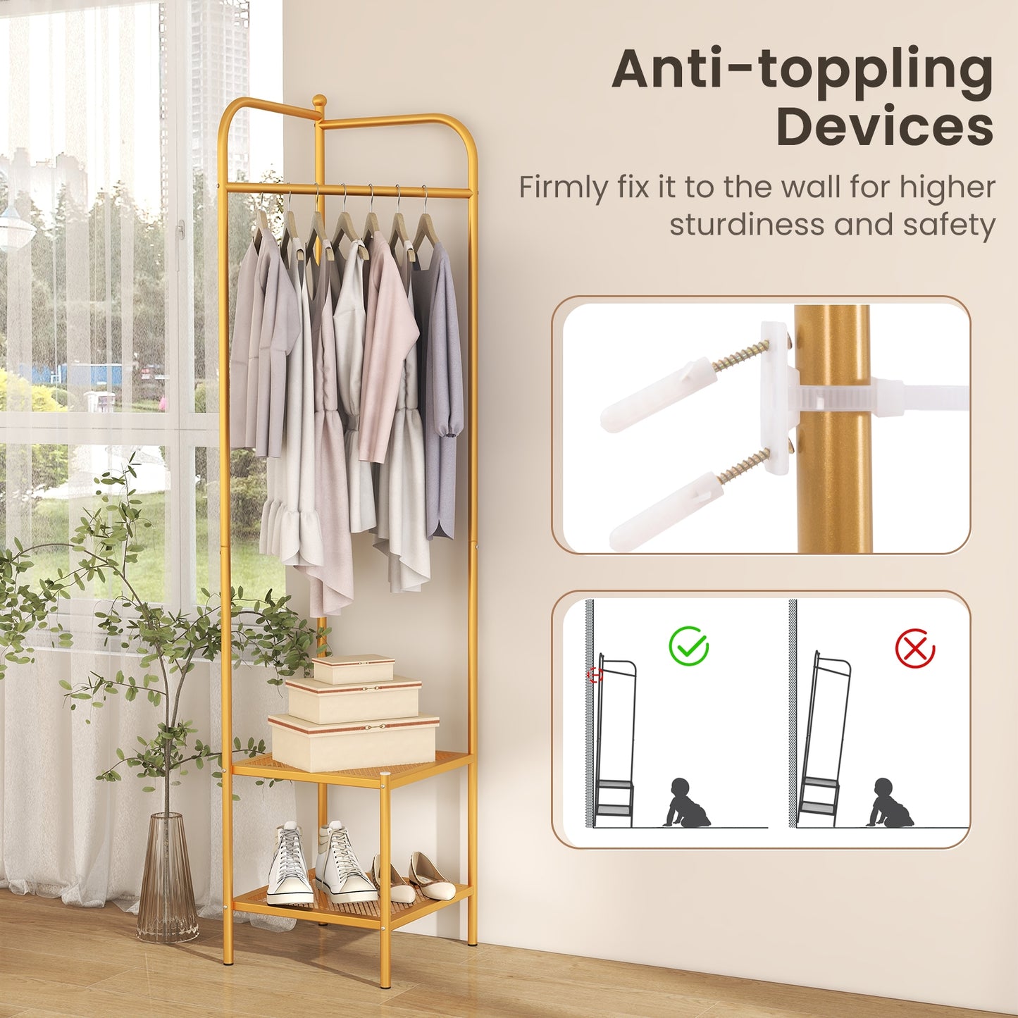 Corner Coat Rack with Top Hanger and 2 Mesh Shelves for Entryway Hallway Living Room Bedroom, Golden Coat Racks & Hall Trees   at Gallery Canada