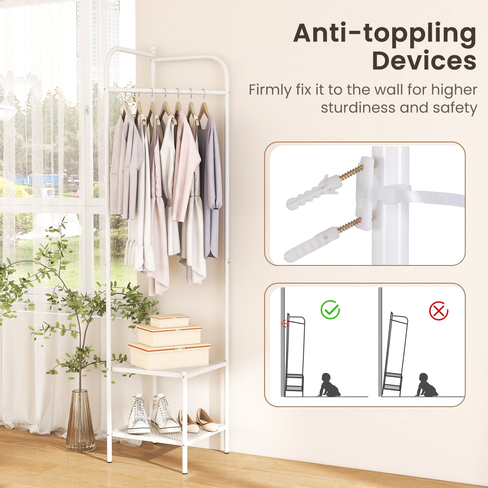 Corner Coat Rack with Top Hanger and 2 Mesh Shelves for Entryway Hallway Living Room Bedroom, White Coat Racks & Hall Trees   at Gallery Canada