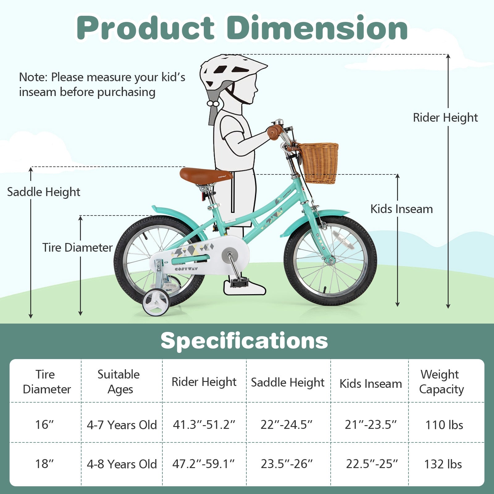 16 Inch Kids Bike Bicycle with Training Wheels and 2 Brake System Ages 4-7 Years Old-16 inches, Green Kids Bike   at Gallery Canada