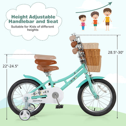 16 Inch Kids Bike Bicycle with Training Wheels and 2 Brake System Ages 4-7 Years Old-16 inches, Green Kids Bike   at Gallery Canada