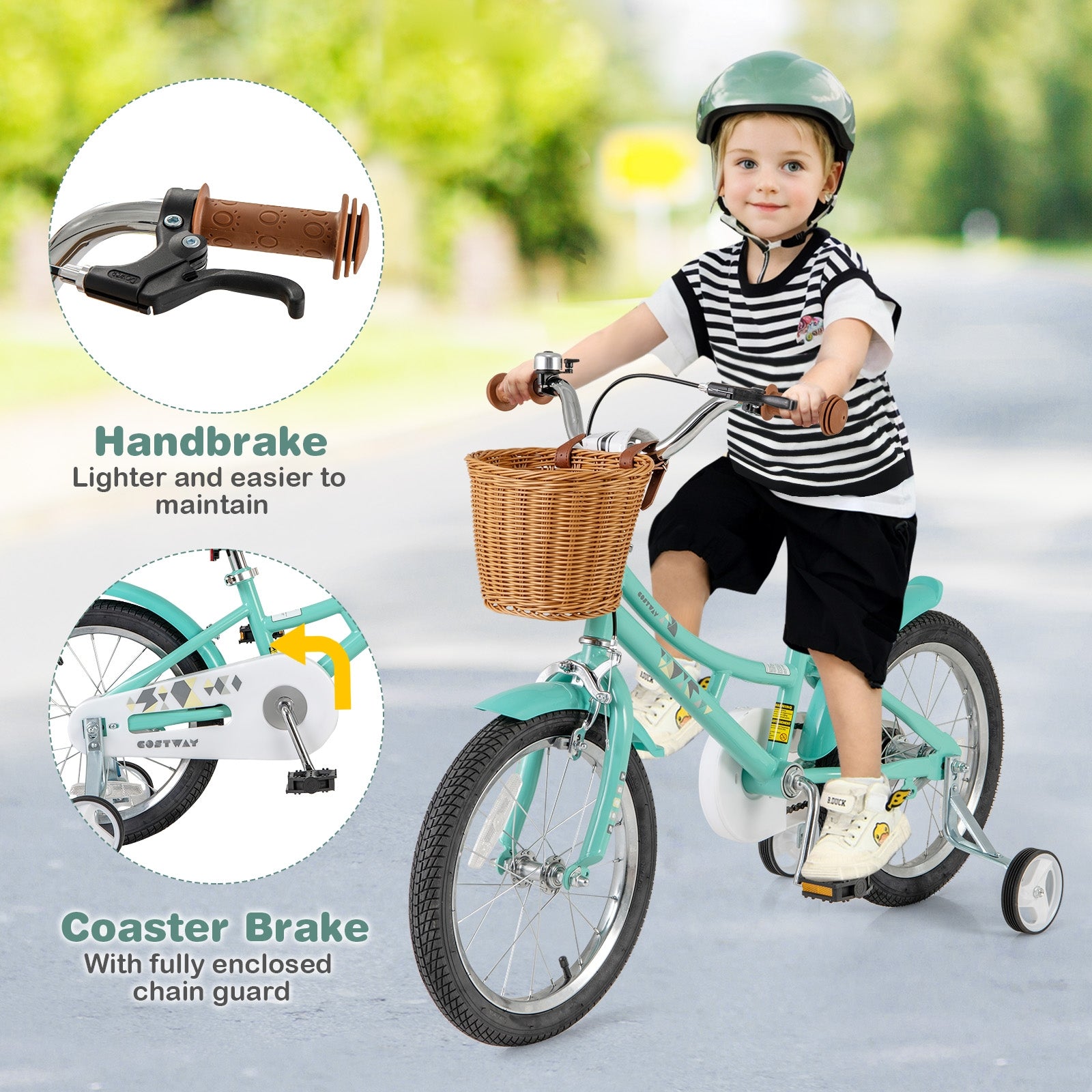 16 Inch Kids Bike Bicycle with Training Wheels and 2 Brake System Ages 4-7 Years Old-16 inches, Green Kids Bike   at Gallery Canada