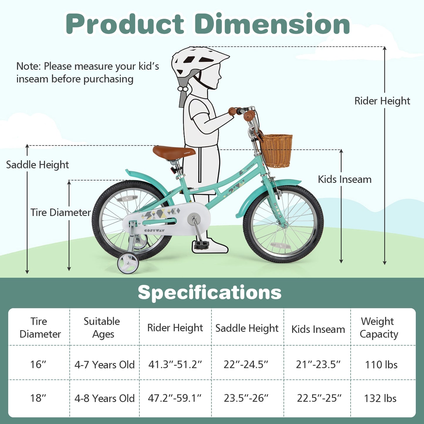 18 Inch Kids Bike Bicycle with Training Wheels and 2 Brake System Ages 4-8 Years Old-18 inches, Green Kids Bike   at Gallery Canada