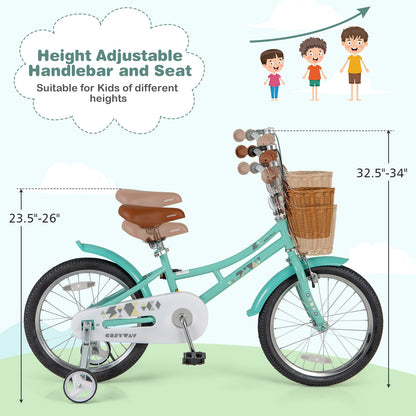 18 Inch Kids Bike Bicycle with Training Wheels and 2 Brake System Ages 4-8 Years Old-18 inches, Green Kids Bike   at Gallery Canada