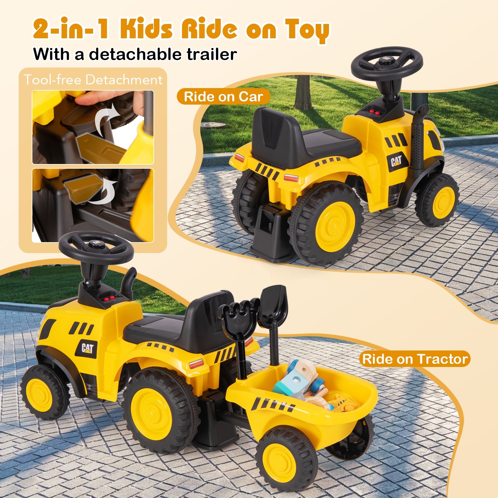 Kids Ride on Tractor Licensed Caterpillar with Detachable Trailer No Power, Yellow Push & Pedal Ride On Toys   at Gallery Canada