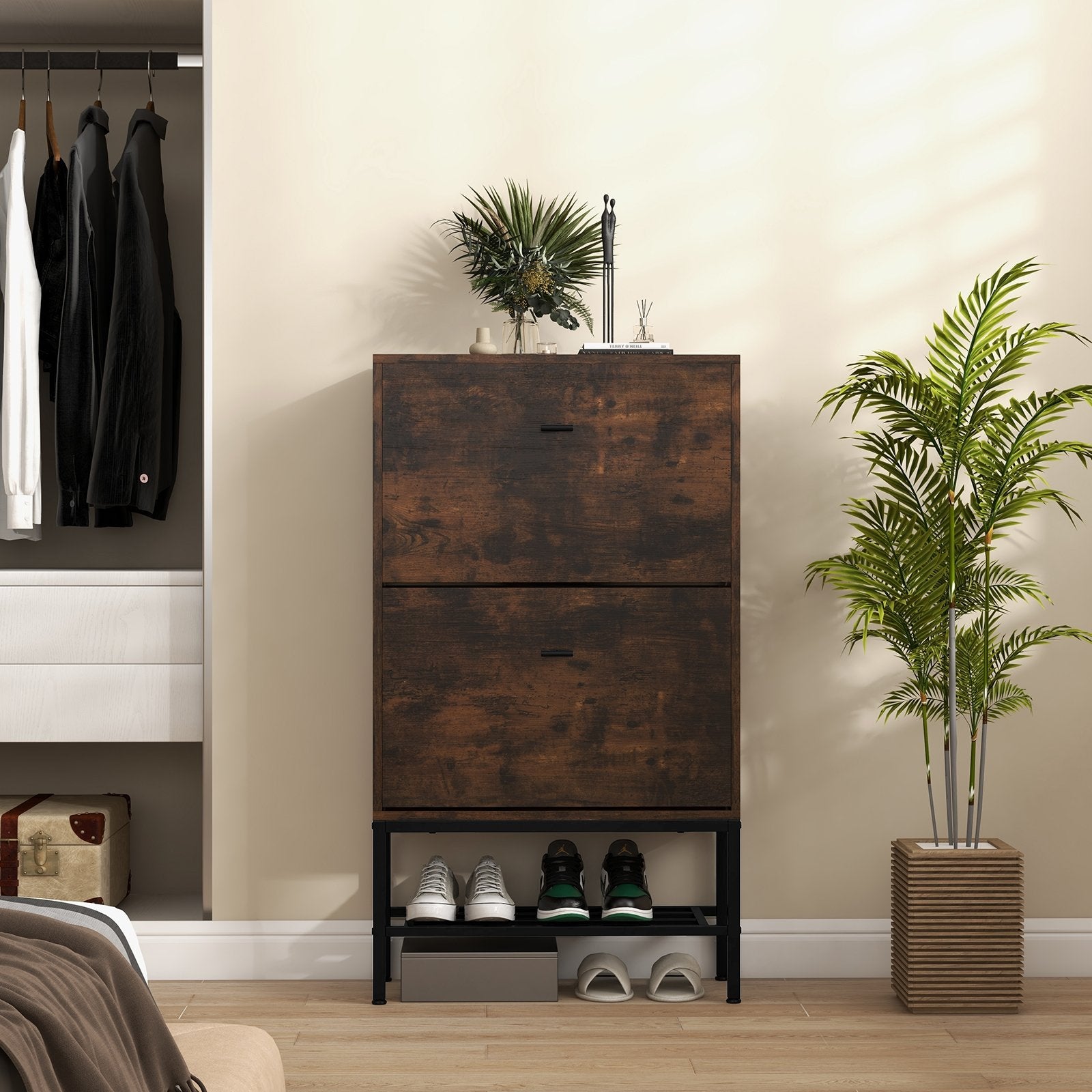 Industrial Shoe Storage Cabinet with 2 Flip Drawers and 1 Bottom Metal Shelf, Brown Shoe Racks & Storage Benches   at Gallery Canada