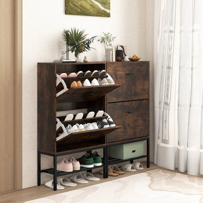 Industrial Shoe Storage Cabinet with 2 Flip Drawers and 1 Bottom Metal Shelf, Brown Shoe Racks & Storage Benches   at Gallery Canada