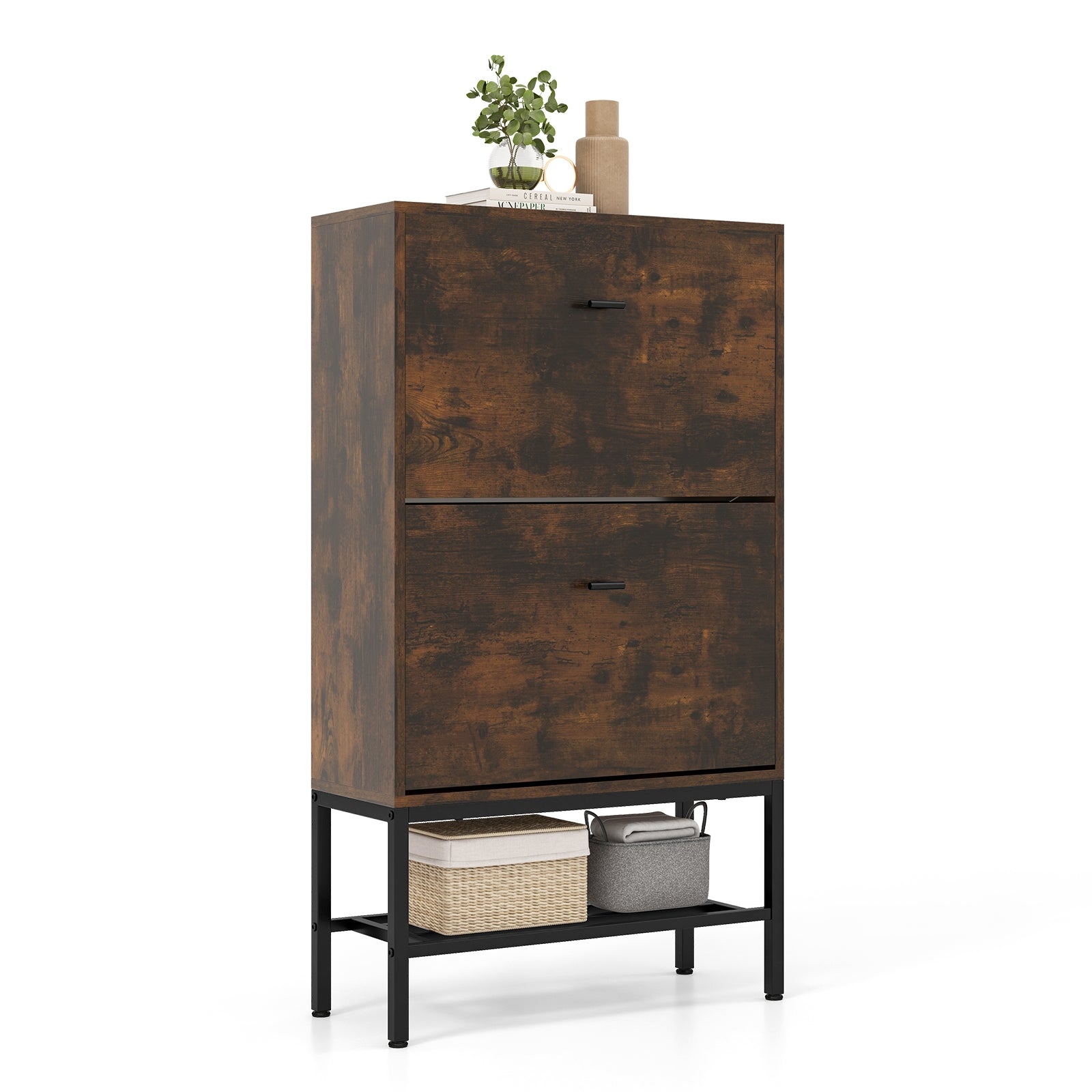 Industrial Shoe Storage Cabinet with 2 Flip Drawers and 1 Bottom Metal Shelf, Brown Shoe Racks & Storage Benches Brown  at Gallery Canada