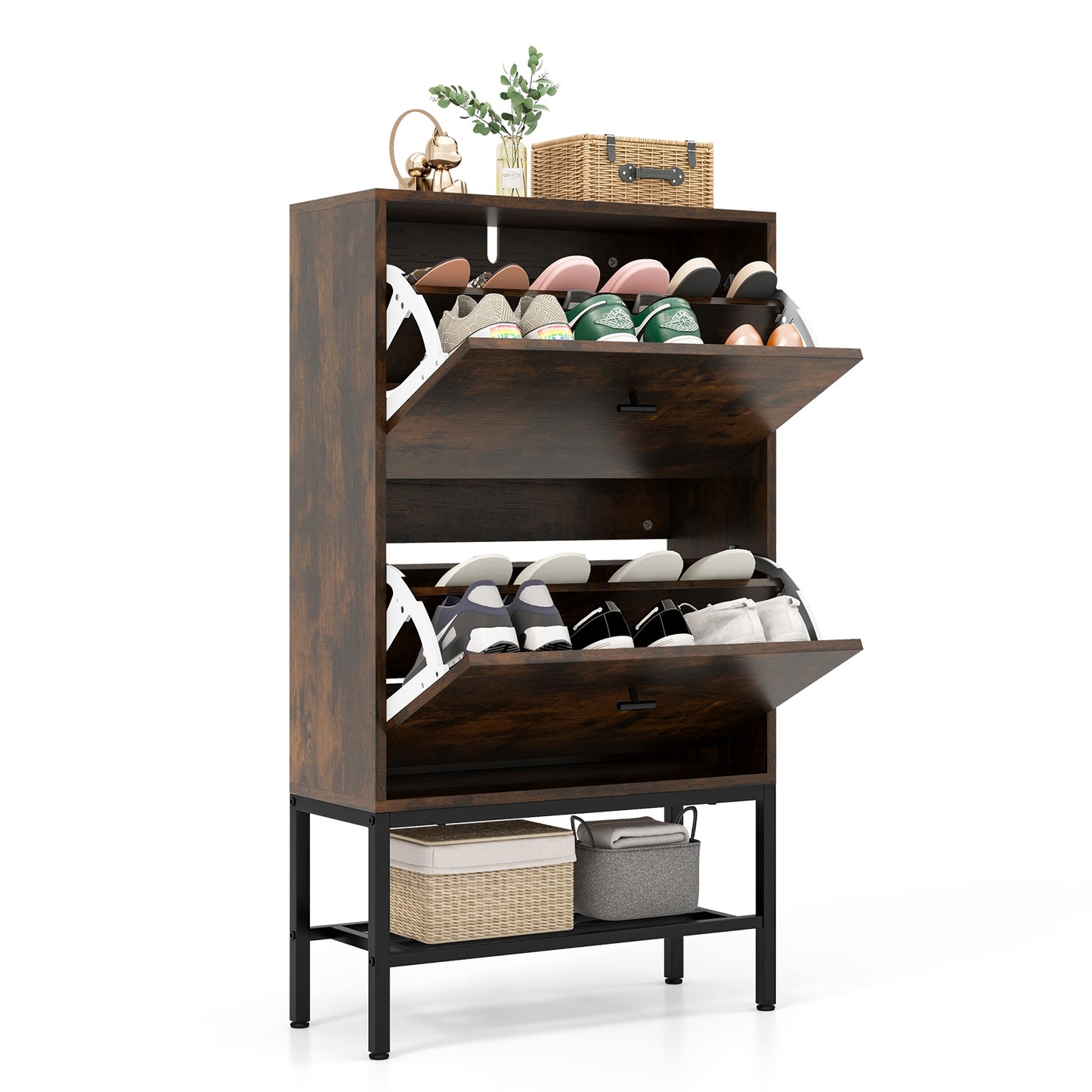 Industrial Shoe Storage Cabinet with 2 Flip Drawers and 1 Bottom Metal Shelf, Brown Shoe Racks & Storage Benches   at Gallery Canada