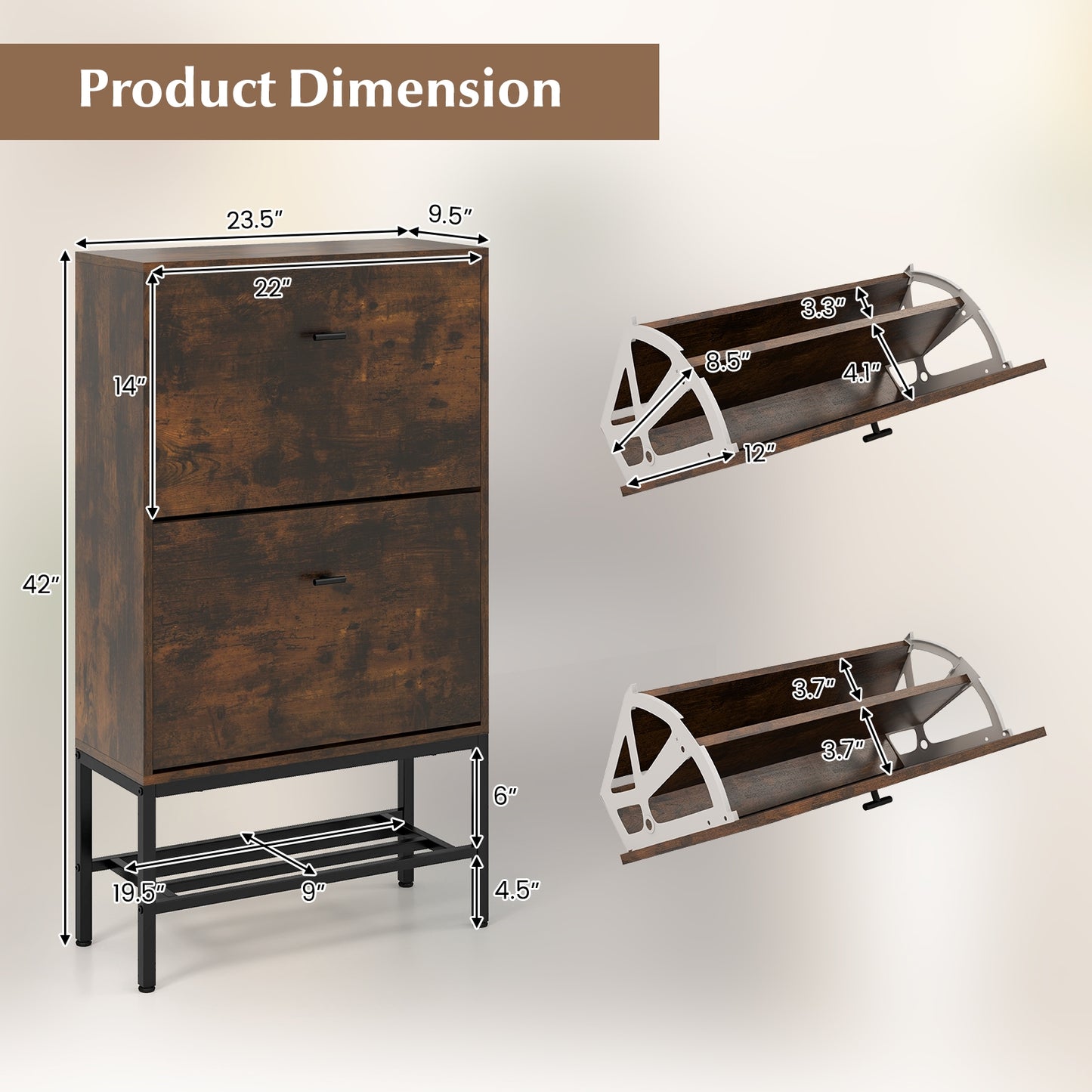 Industrial Shoe Storage Cabinet with 2 Flip Drawers and 1 Bottom Metal Shelf, Brown Shoe Racks & Storage Benches   at Gallery Canada