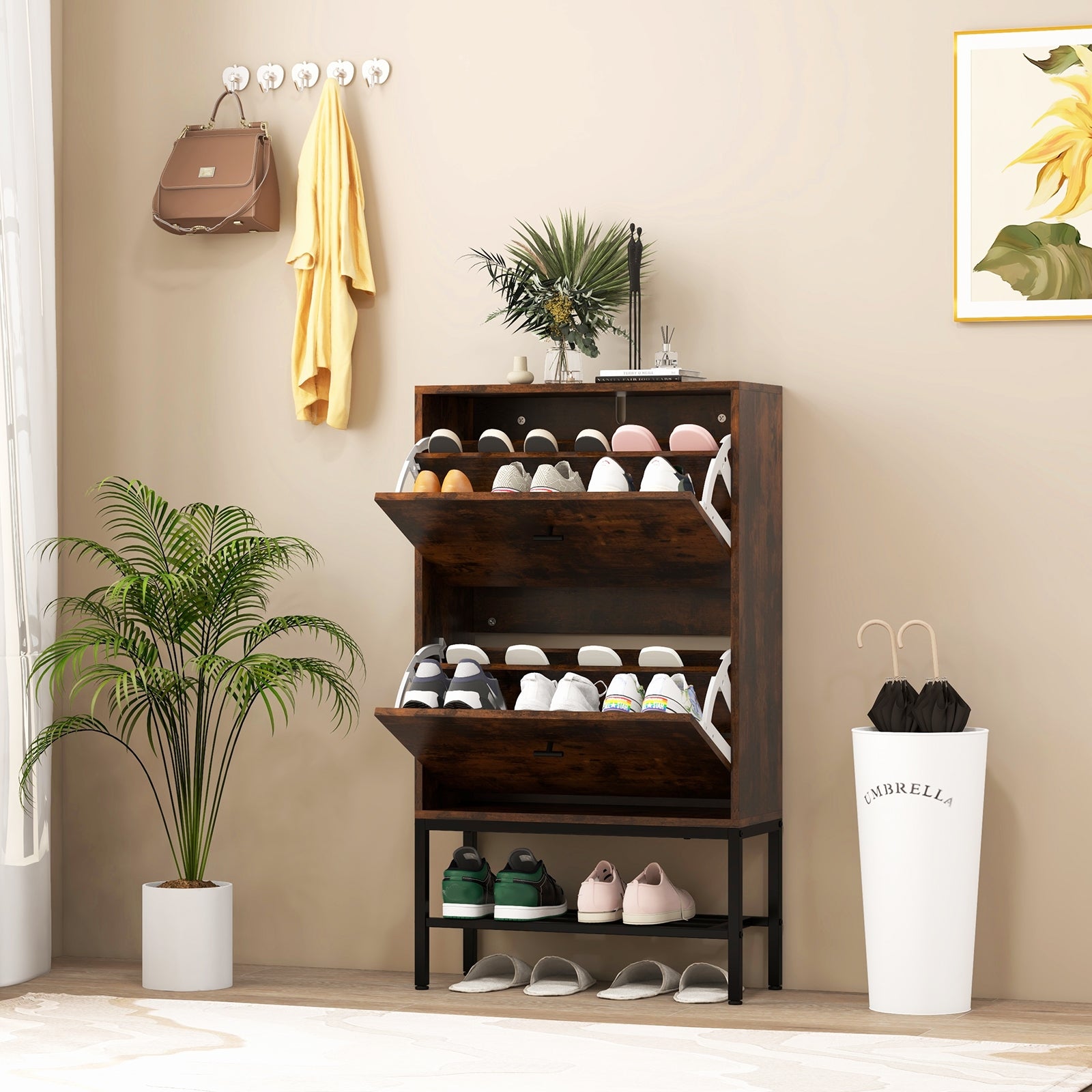 Industrial Shoe Storage Cabinet with 2 Flip Drawers and 1 Bottom Metal Shelf, Brown Shoe Racks & Storage Benches   at Gallery Canada