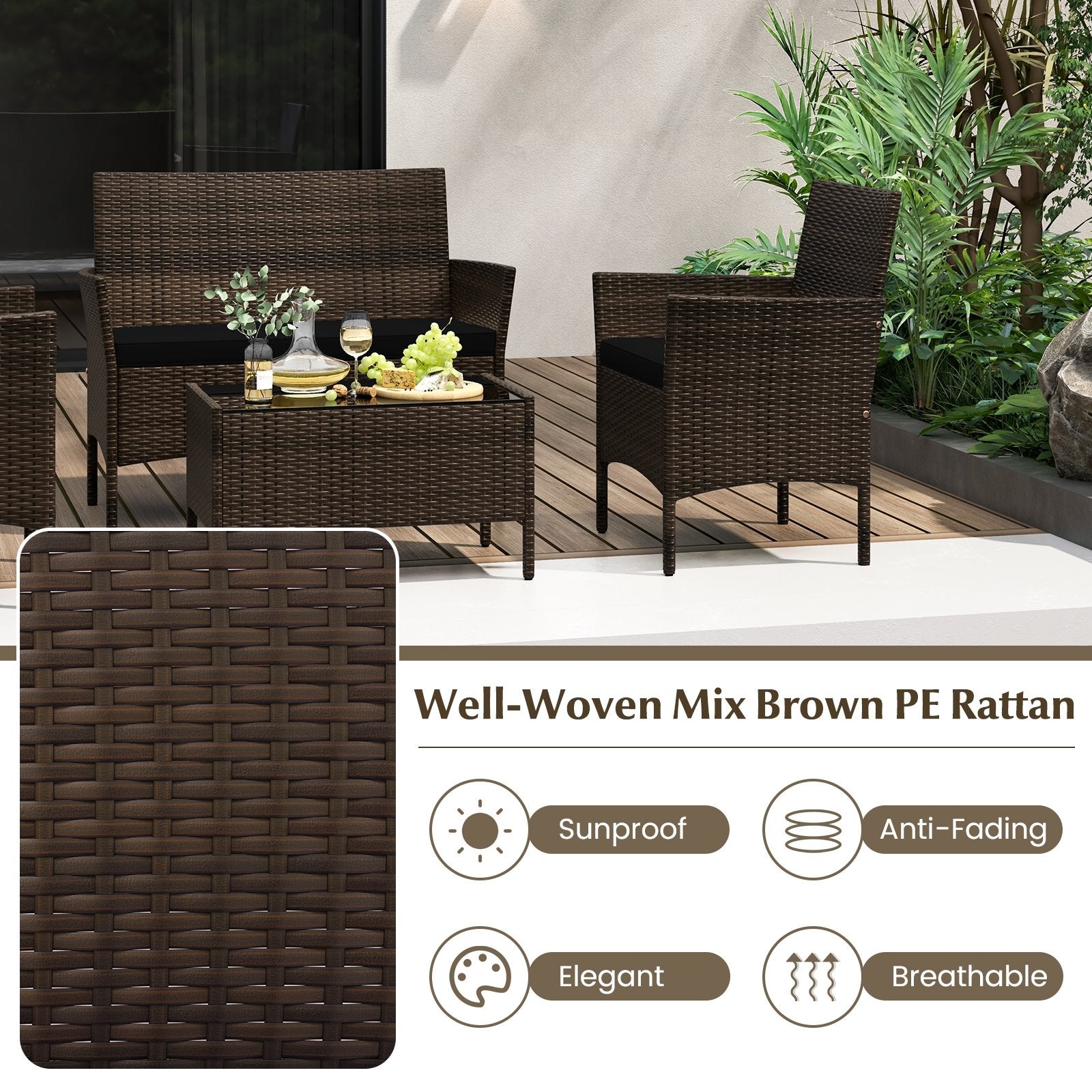 4 Piece Patio Rattan Conversation Set with Cozy Seat Cushions, Black Patio Conversation Sets   at Gallery Canada