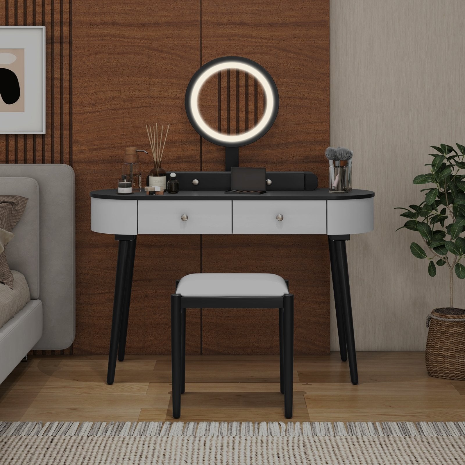 Makeup Vanity Table Set with LED Mirror and 3 Spacious Drawers-White-Dark Wood, White-Dark Wood Makeup Vanities   at Gallery Canada