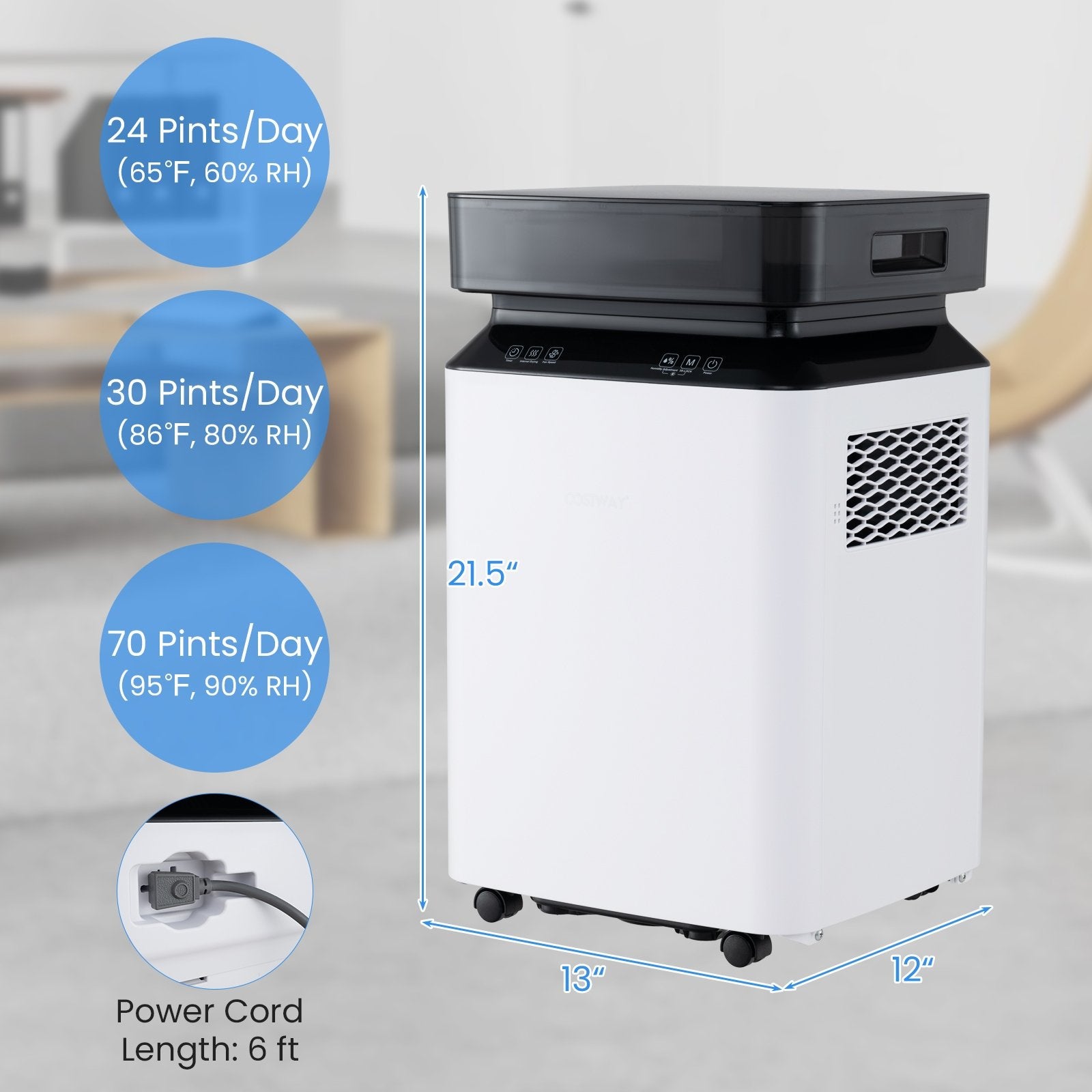 70/90 Pint 4500/6000 Sq. Ft Dehumidifier with Continuous and Auto Mode-70 Pints, White Dehumidifiers   at Gallery Canada