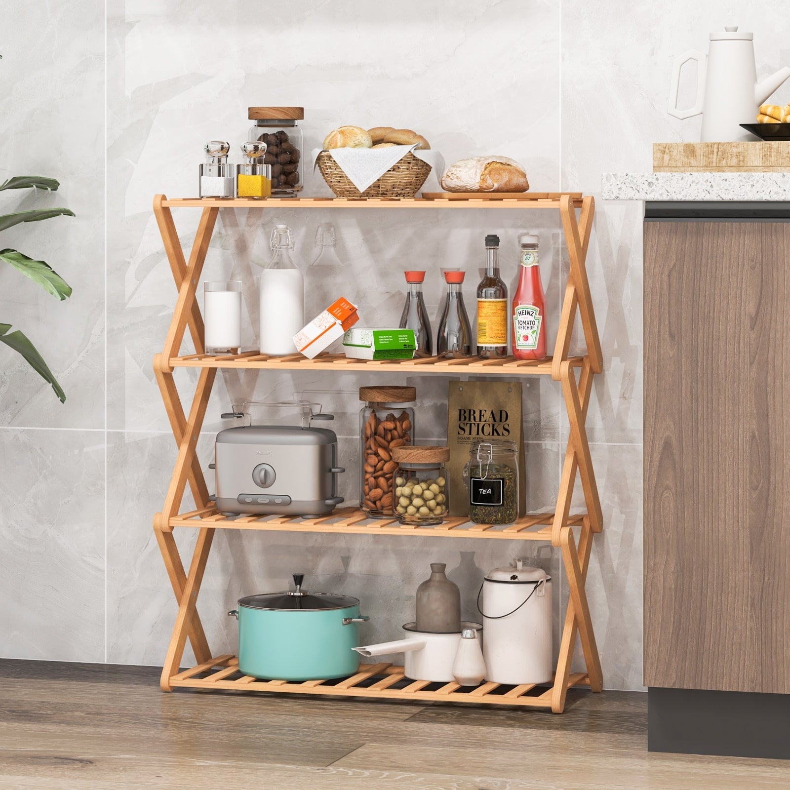 4-Tier Foldable Bamboo Shoe Rack with Slatted Shelves, Natural Shoe Racks & Storage Benches   at Gallery Canada