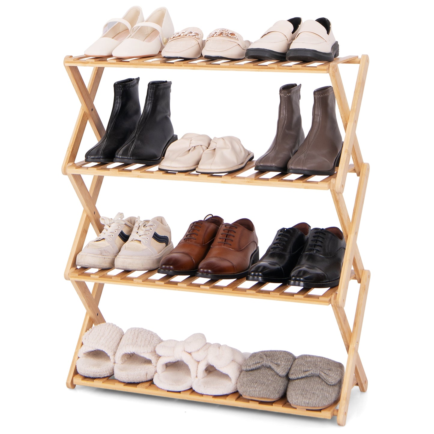 4-Tier Foldable Bamboo Shoe Rack with Slatted Shelves, Natural Shoe Racks & Storage Benches   at Gallery Canada