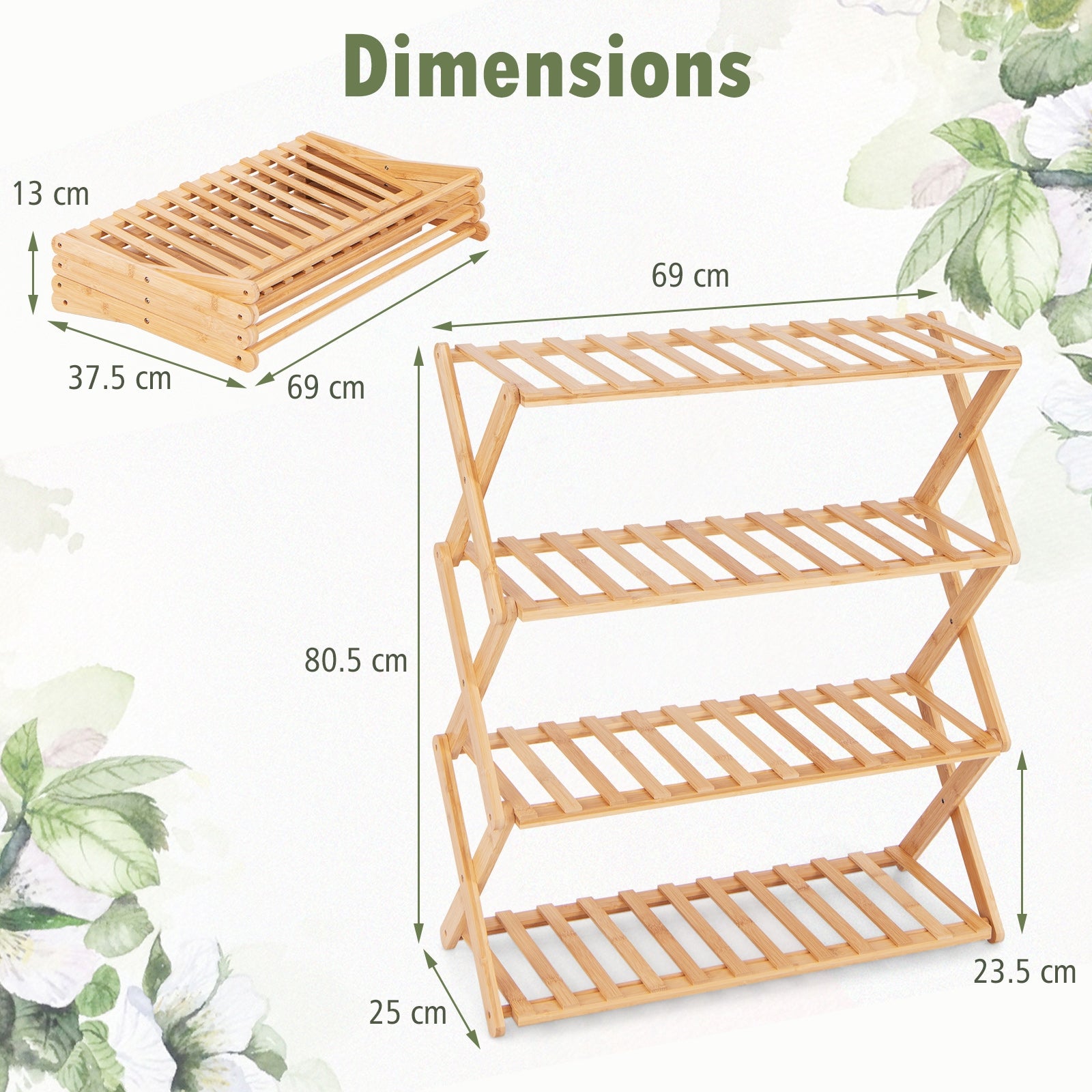 4-Tier Foldable Bamboo Shoe Rack with Slatted Shelves, Natural Shoe Racks & Storage Benches   at Gallery Canada