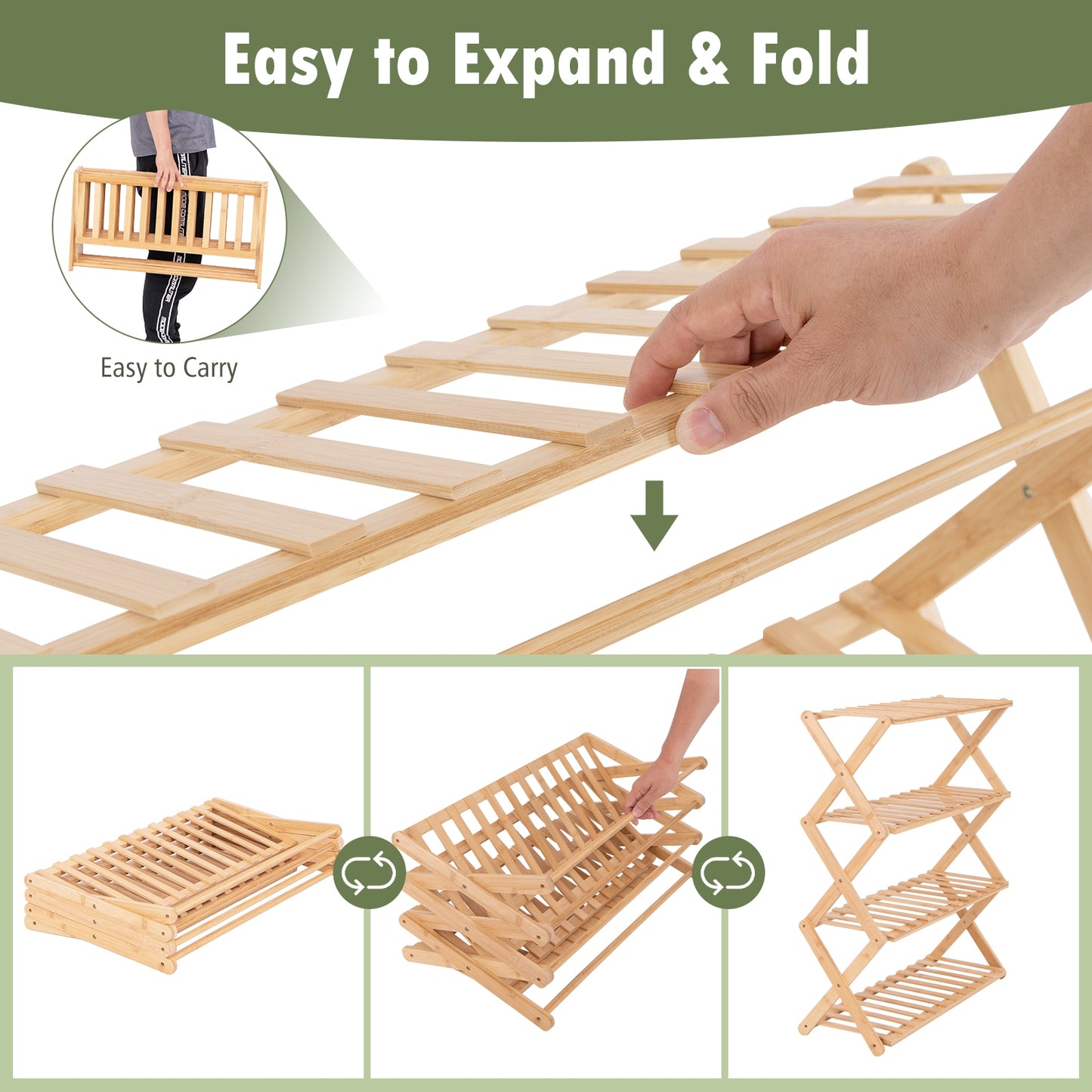 4-Tier Foldable Bamboo Shoe Rack with Slatted Shelves, Natural Shoe Racks & Storage Benches   at Gallery Canada