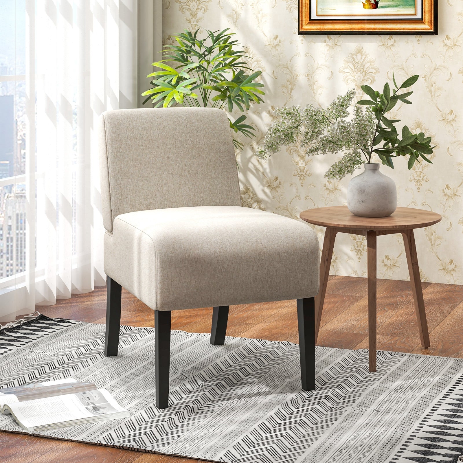 Upholstered Living Room Chair with Rubber Wood Legs, Beige Dining Chairs   at Gallery Canada