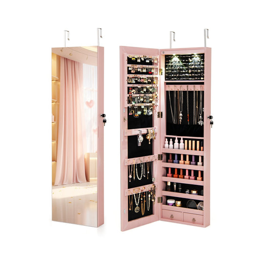 Wall and Door Mounted Mirrored Jewelry Cabinet with Lights, Pink Jewelry Armoires Pink  at Gallery Canada